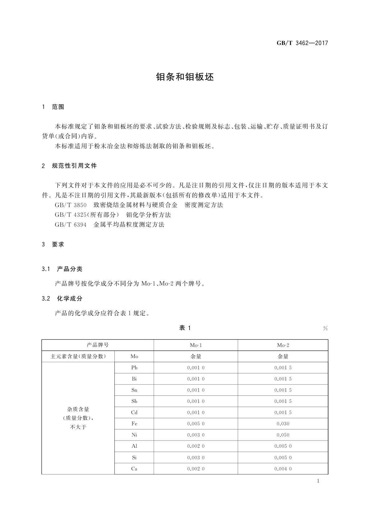 GB/T 3462-2017 钼条和钼板坯