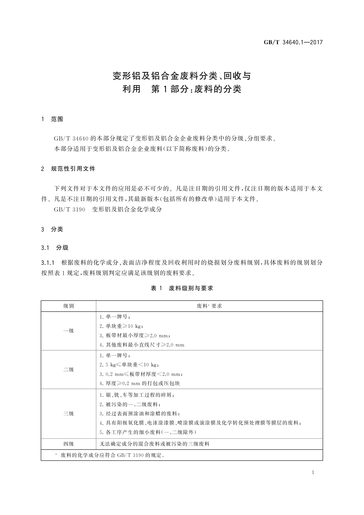 GB/T 34640.1-2017 变形铝及铝合金废料分类、回收与利用　第1部分：废料的分类
