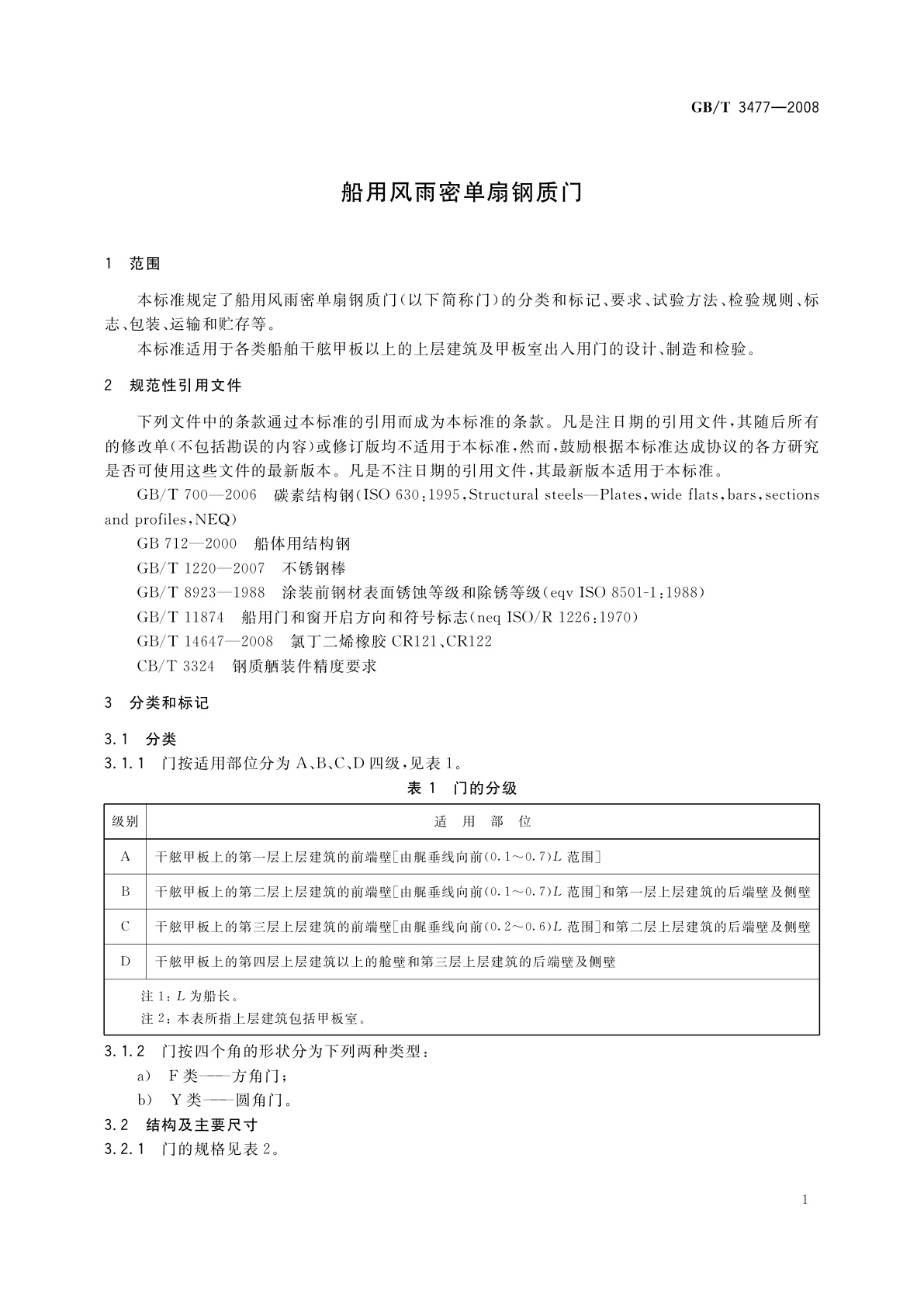 GB/T 3477-2008 船用风雨密单扇钢质门
