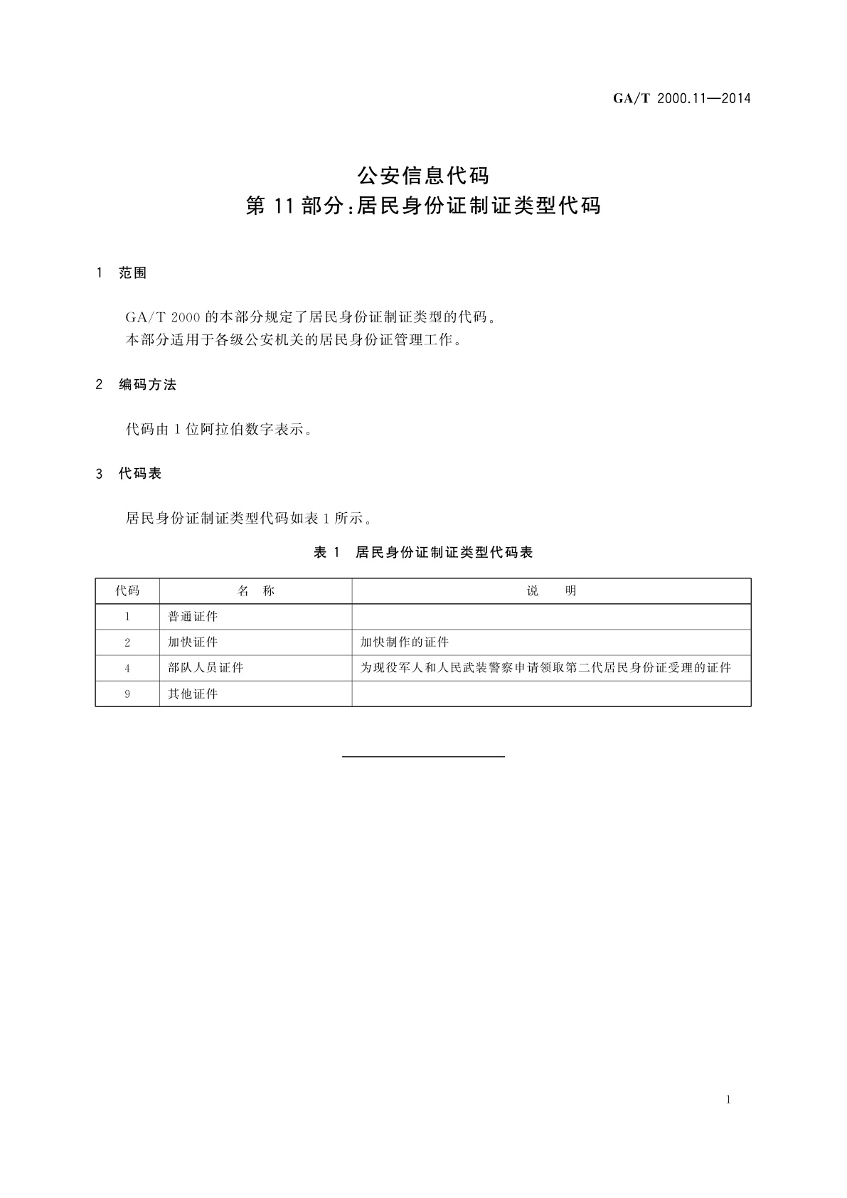 GA/T 2000.11-2014 公安信息代码　第11部分：居民身份证制证类型代码