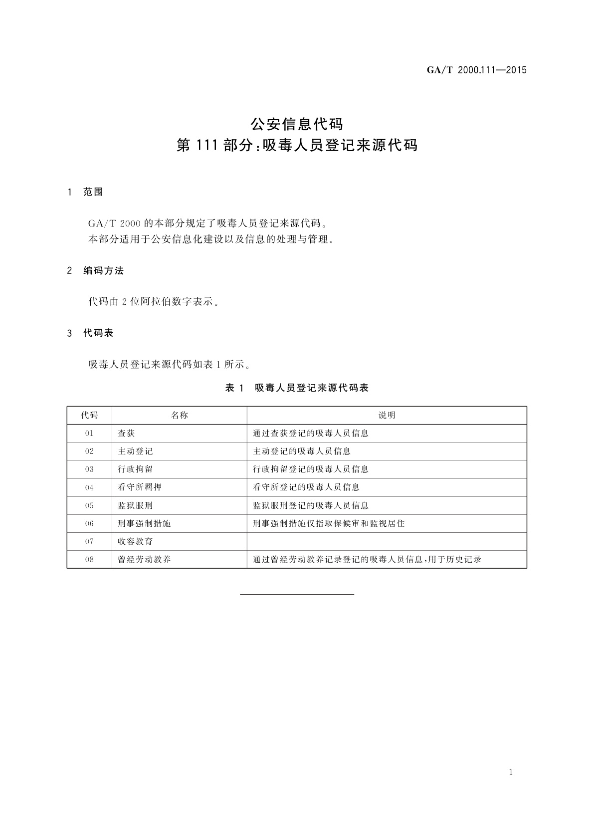 GA/T 2000.111-2015 公安信息代码　第111部分：吸毒人员登记来源代码