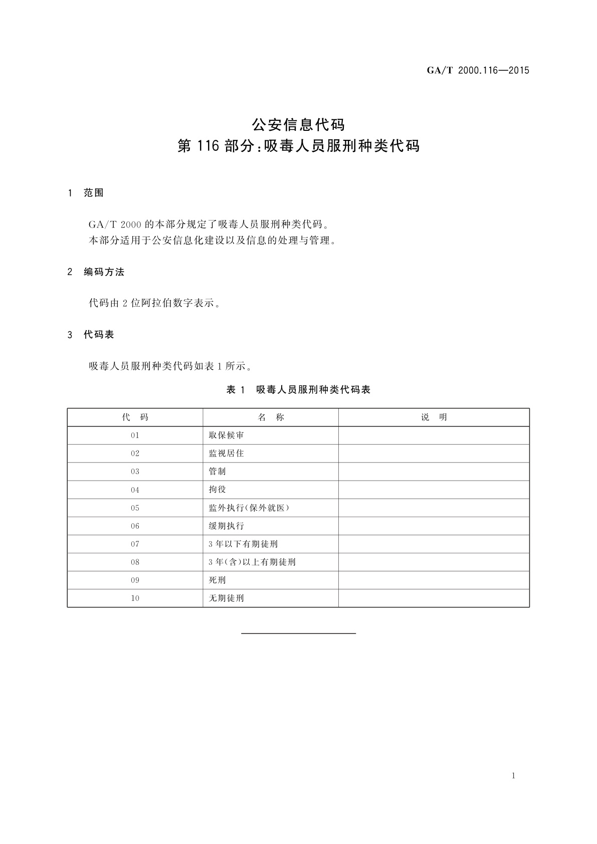 GA/T 2000.116-2015 公安信息代码　第116部分：吸毒人员服刑种类代码