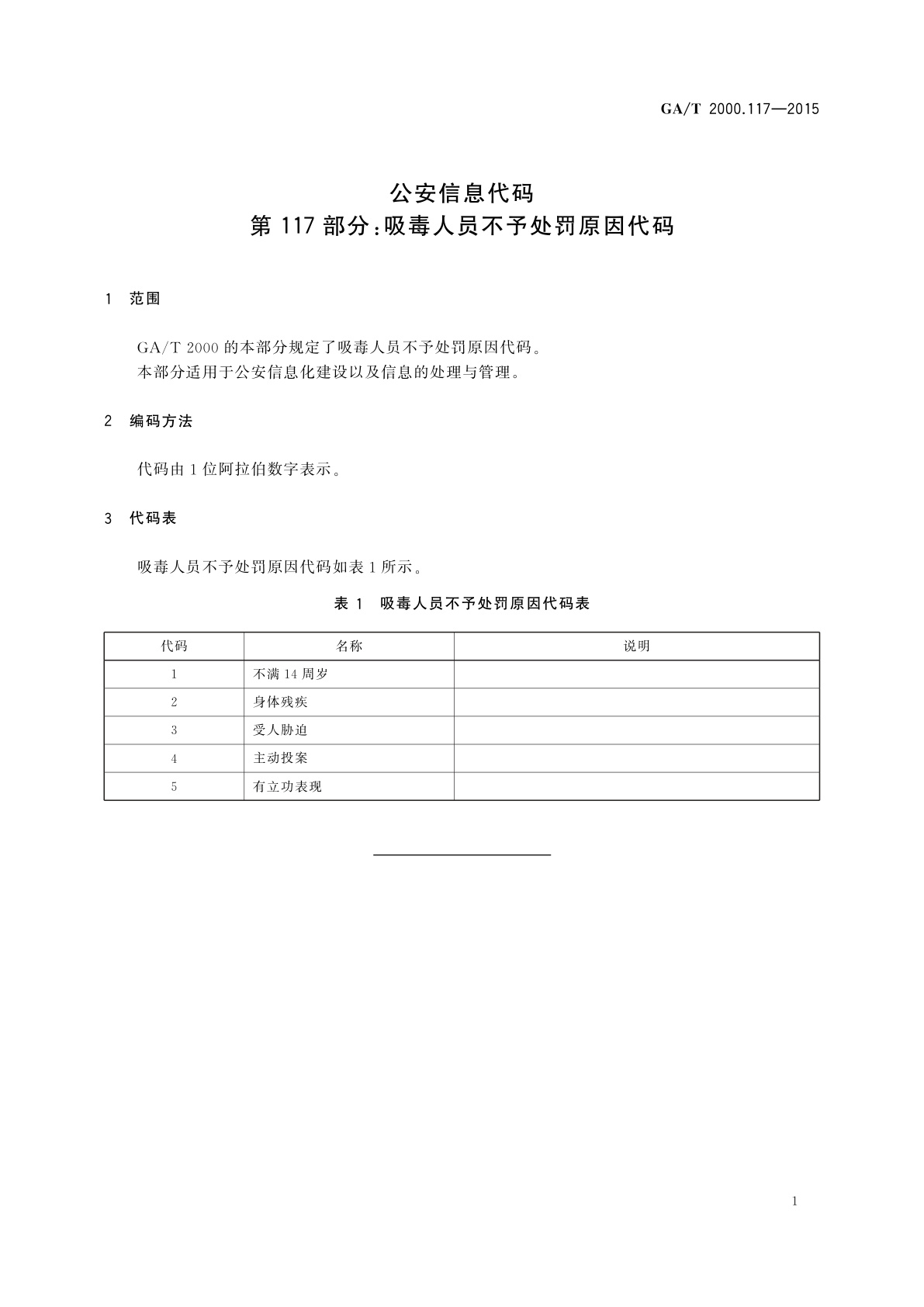 GA/T 2000.117-2015 公安信息代码　第117部分：吸毒人员不予处罚原因代码