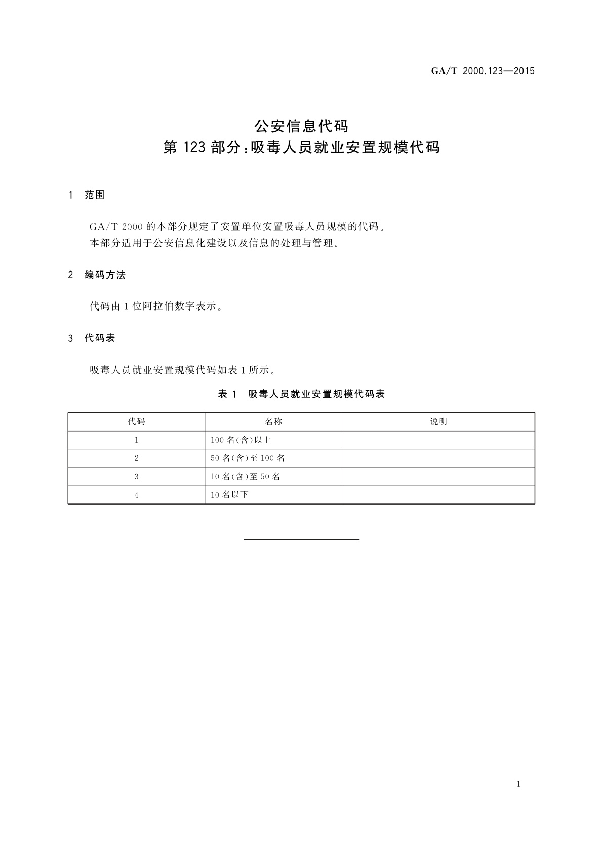 GA/T 2000.123-2015 公安信息代码　第123部分：吸毒人员就业安置规模代码