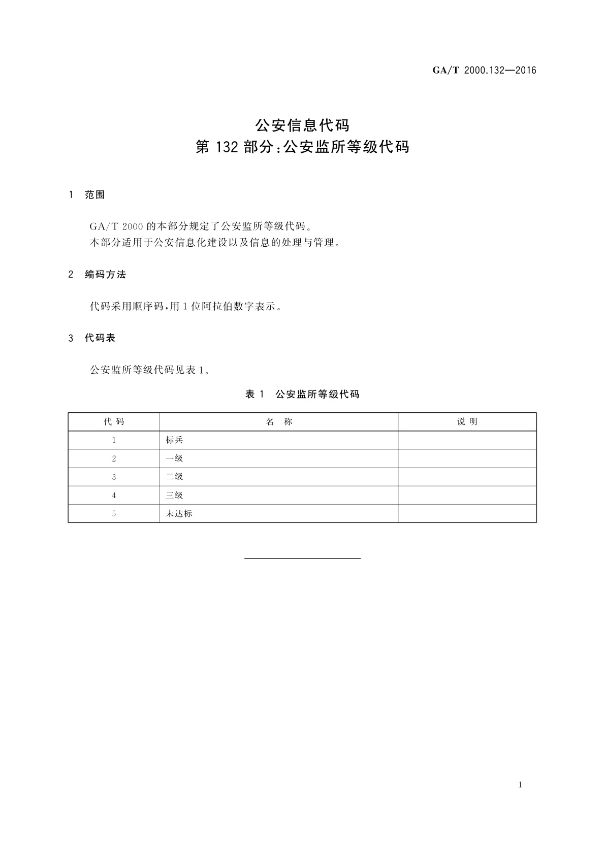 GA/T 2000.132-2016 公安信息代码　第132部分：公安监所等级代码