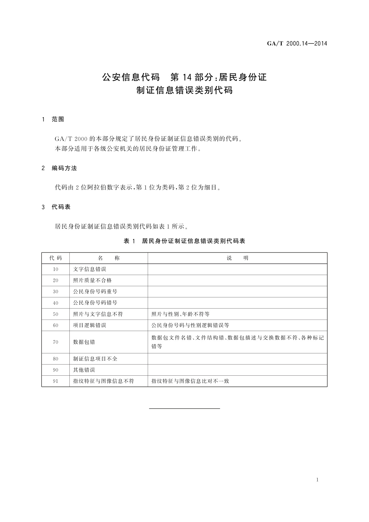 GA/T 2000.14-2014 公安信息代码　第14部分：居民身份证制证信息错误类别代码