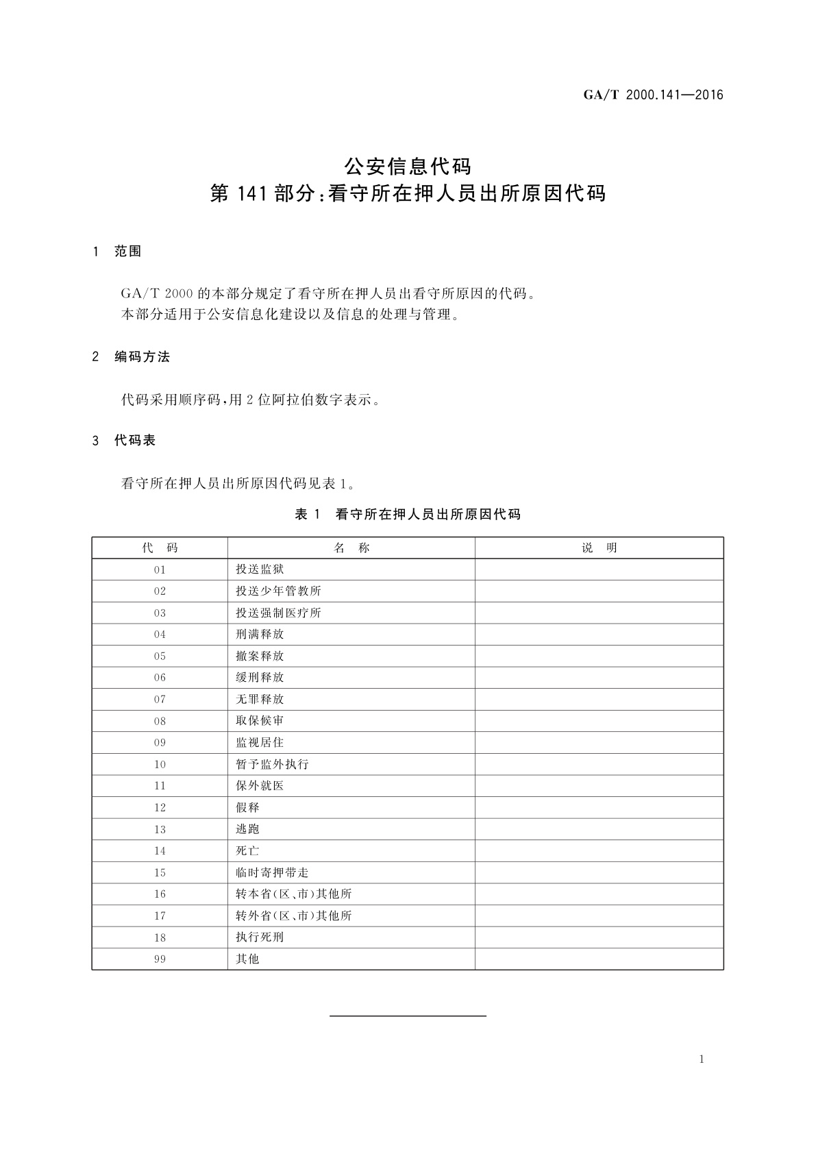 GA/T 2000.141-2016 公安信息代码　第141部分：看守所在押人员出所原因代码