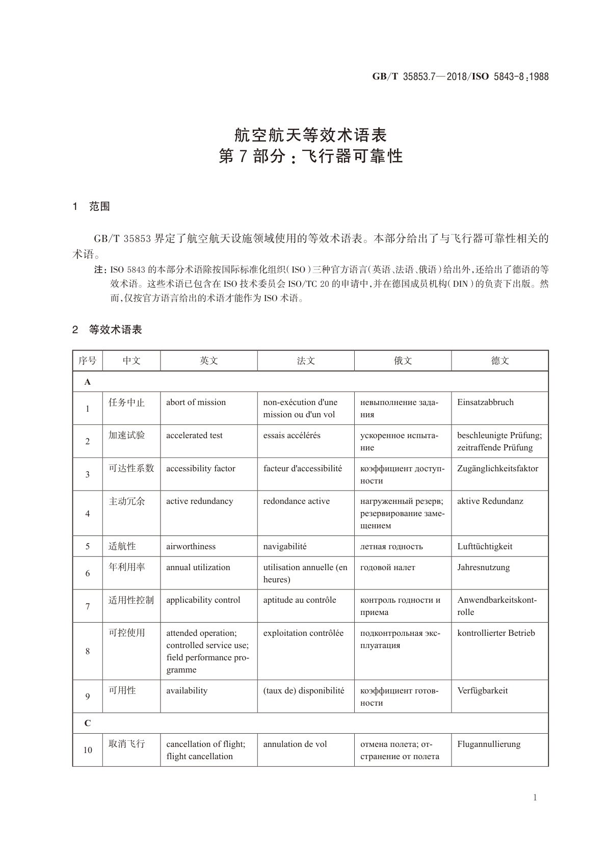 GB/T 35853.7-2018 航空航天等效术语表　第7部分：飞行器可靠性