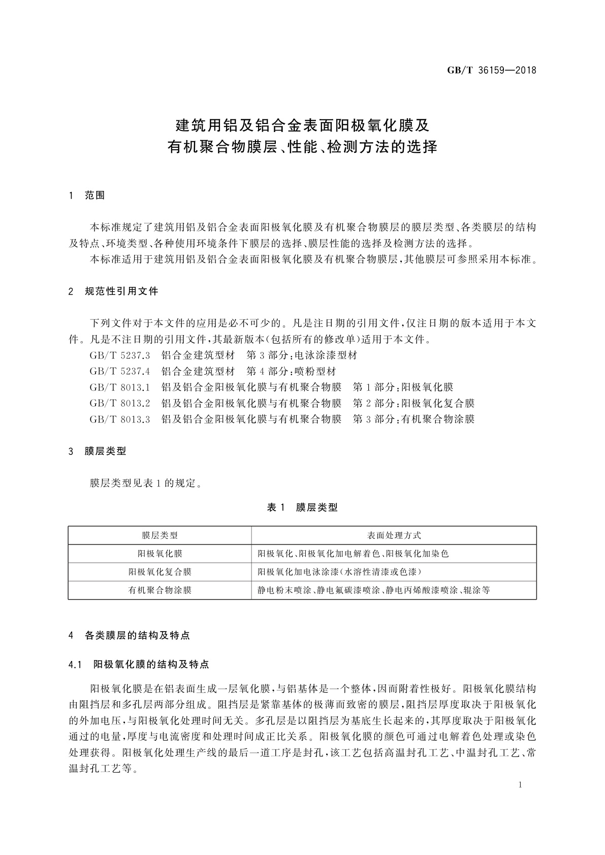 GB/T 36159-2018 建筑用铝及铝合金表面阳极氧化膜及有机聚合物膜层、性能、检测方法的选择