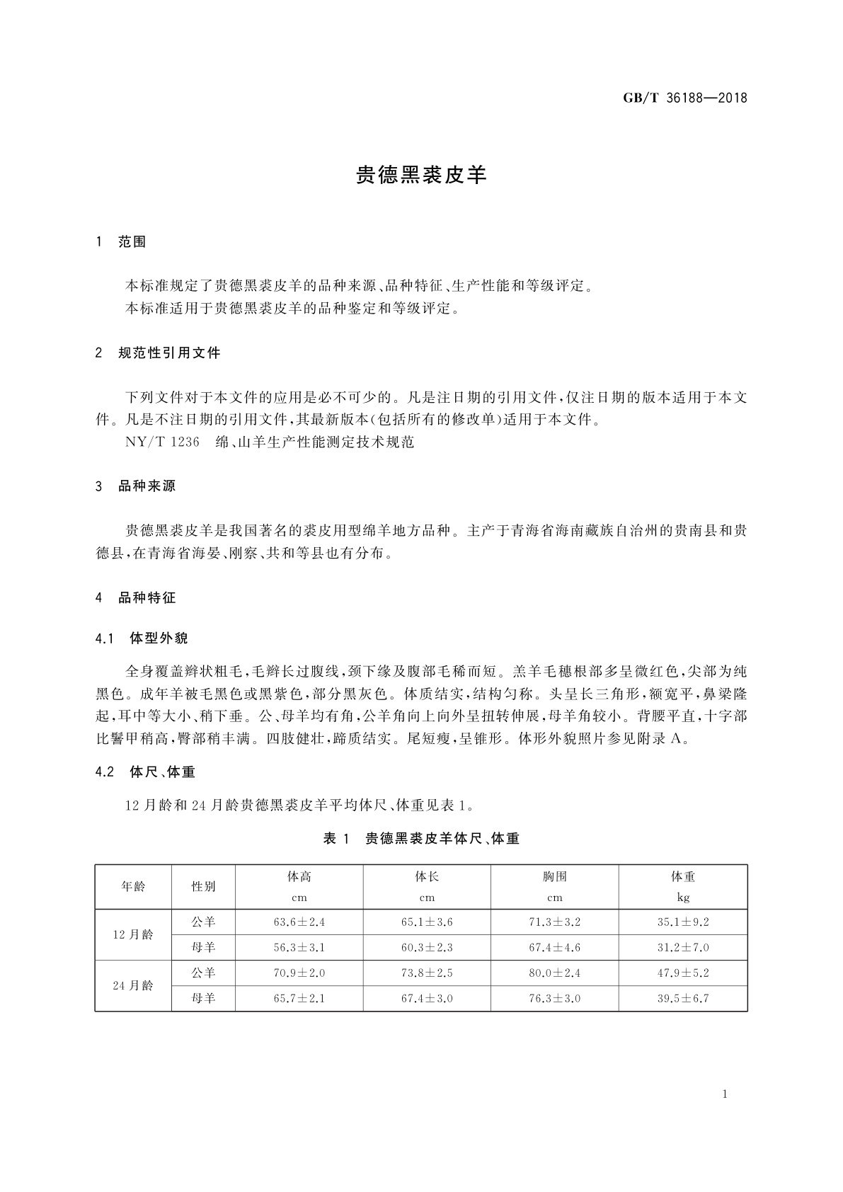 GB/T 36188-2018 贵德黑裘皮羊