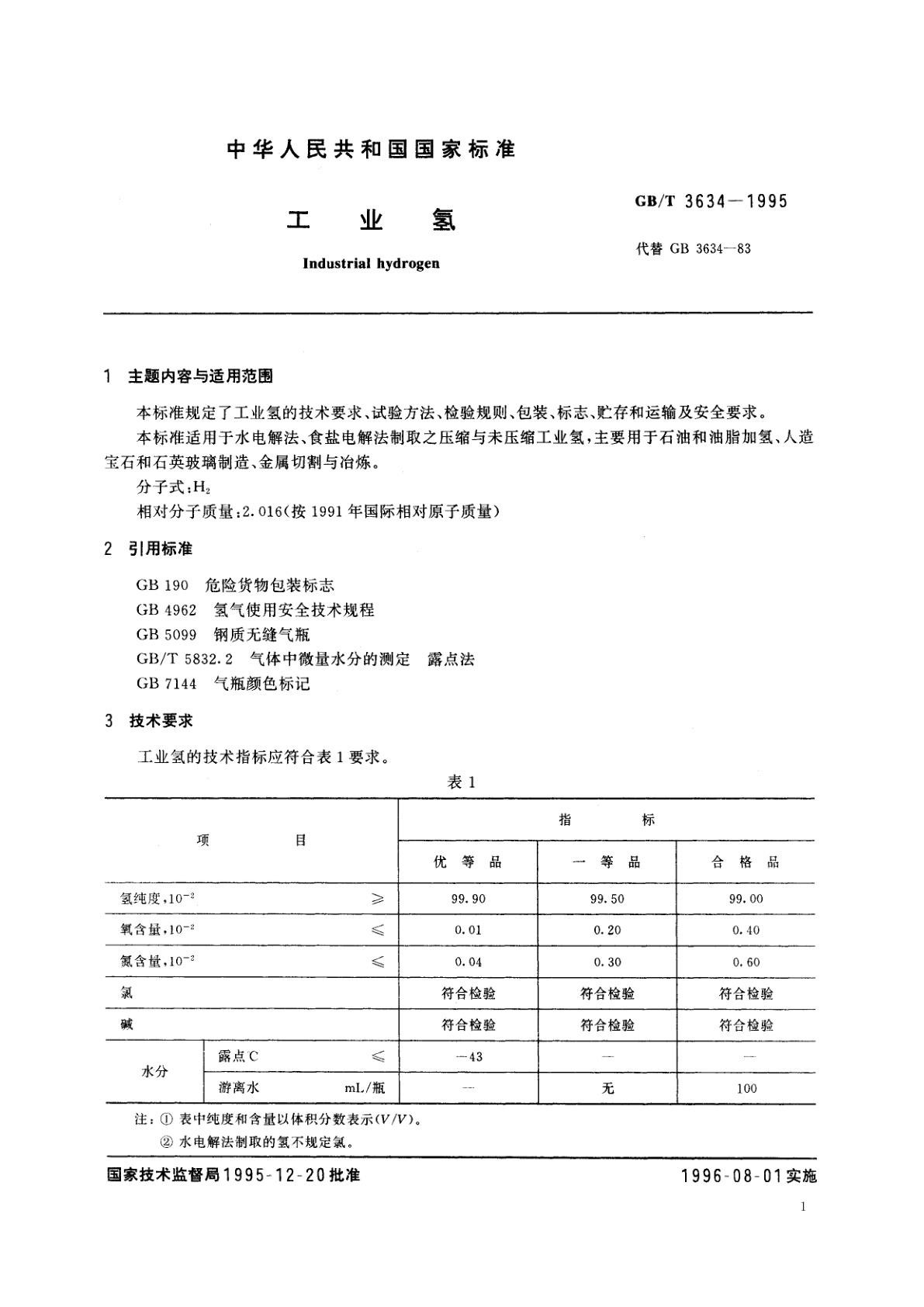 GB/T 3634-1995 工业氢