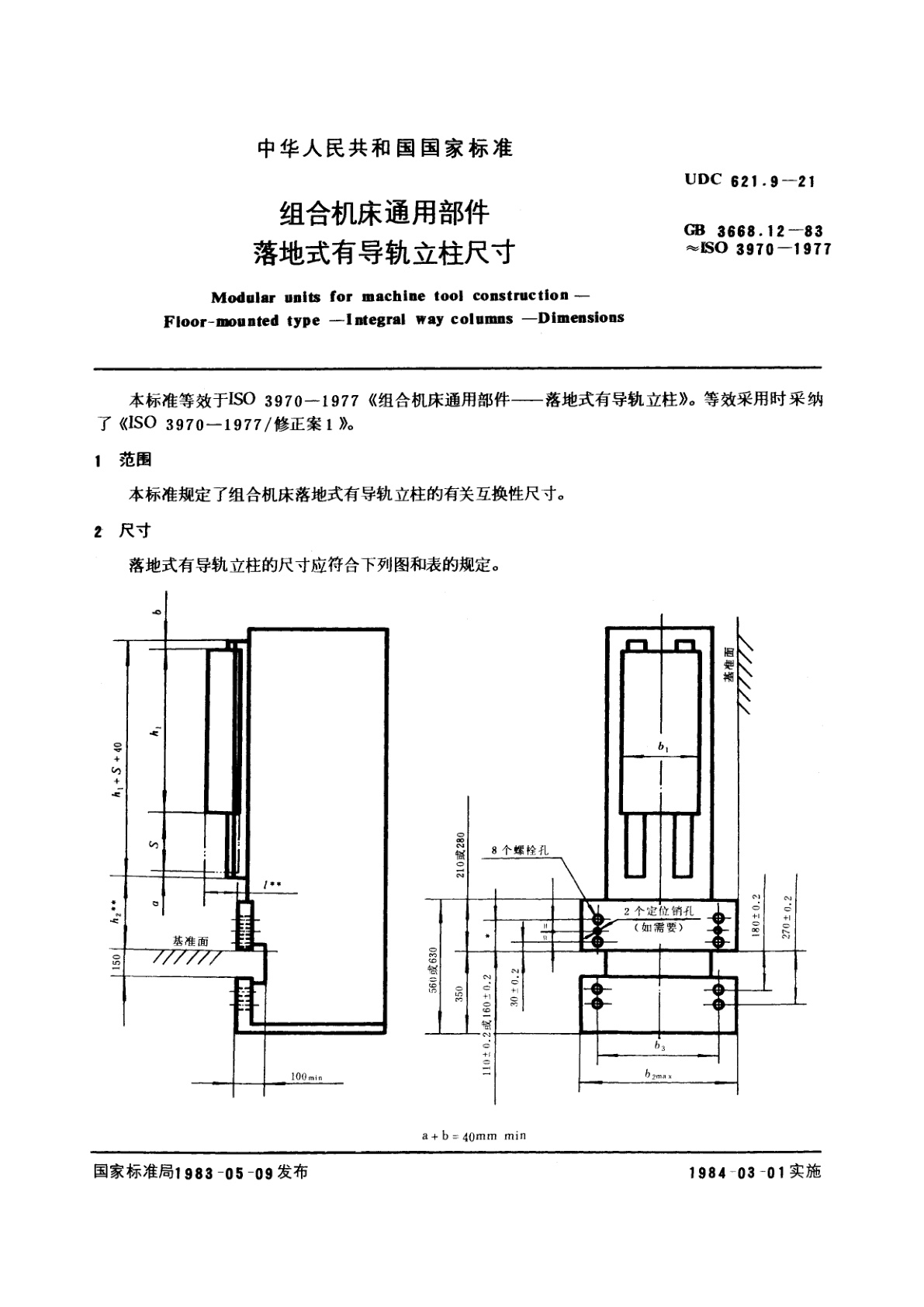 GB/T 3668.12-1983 组合机床通用部件　落地式有导轨立柱尺寸