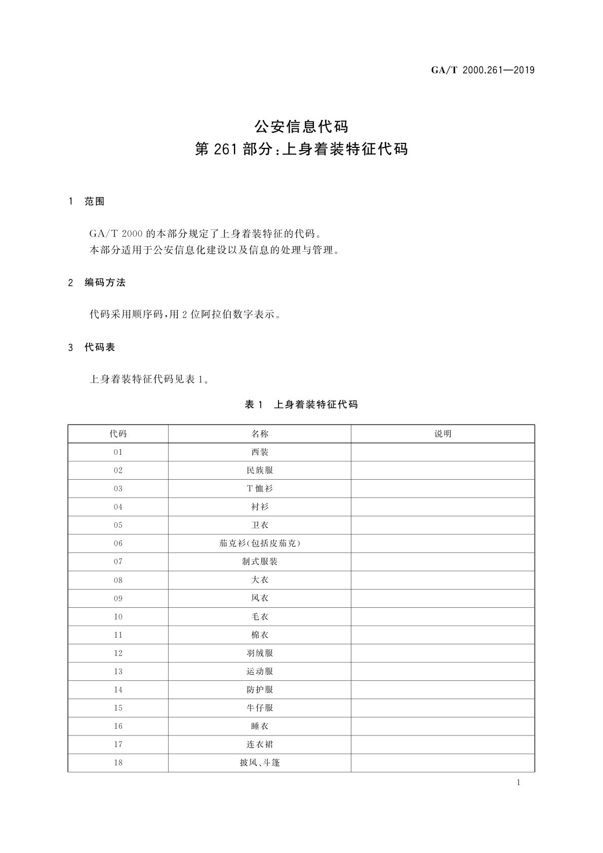 GA/T 2000.261-2019 公安信息代码　第261部分：上身着装特征代码
