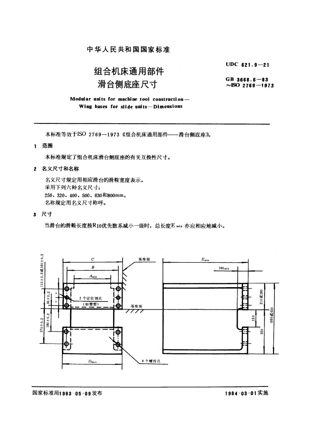 GB/T 3668.6-1983 组合机床通用部件　滑台侧底座尺寸