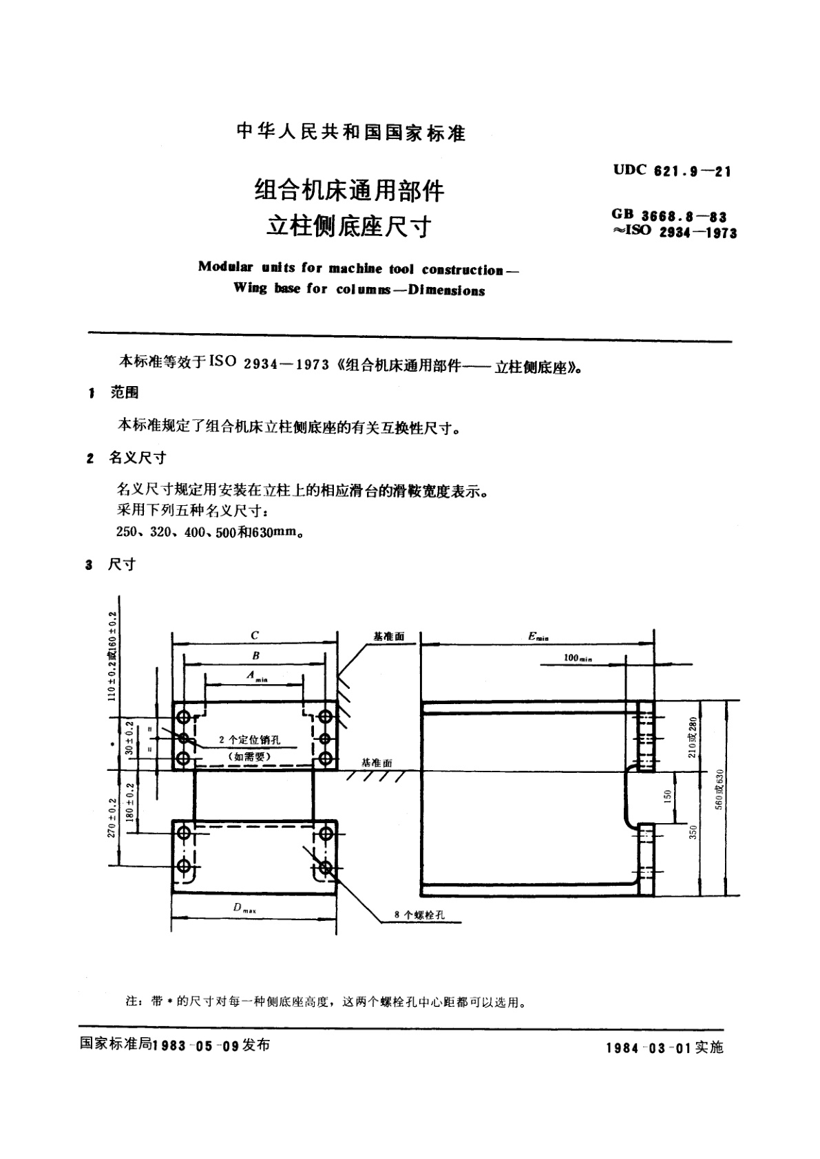 GB/T 3668.8-1983 组合机床通用部件　立柱侧底座尺寸