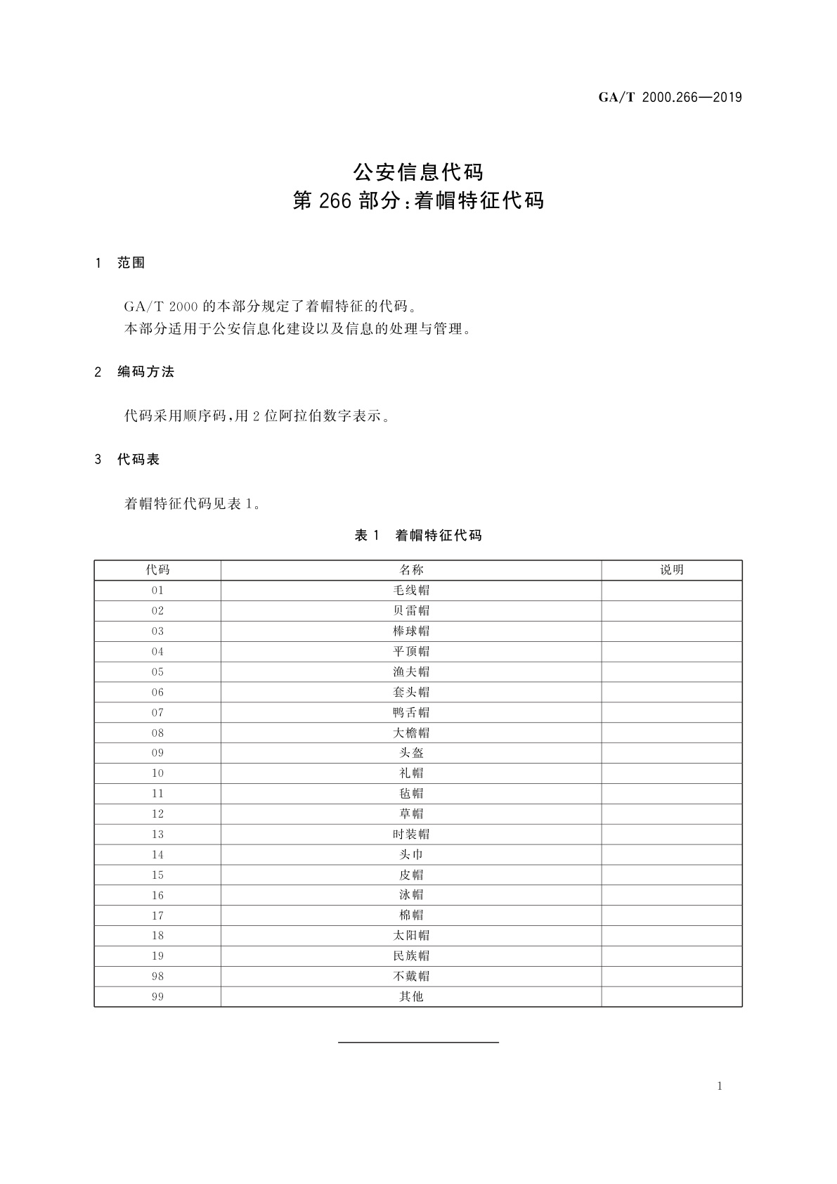GA/T 2000.266-2019 公安信息代码　第266部分：着帽特征代码