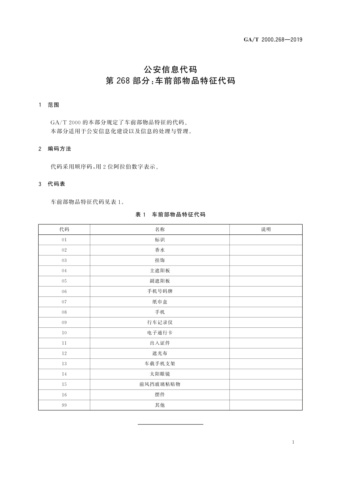 GA/T 2000.268-2019 公安信息代码　第268部分：车前部物品特征代码