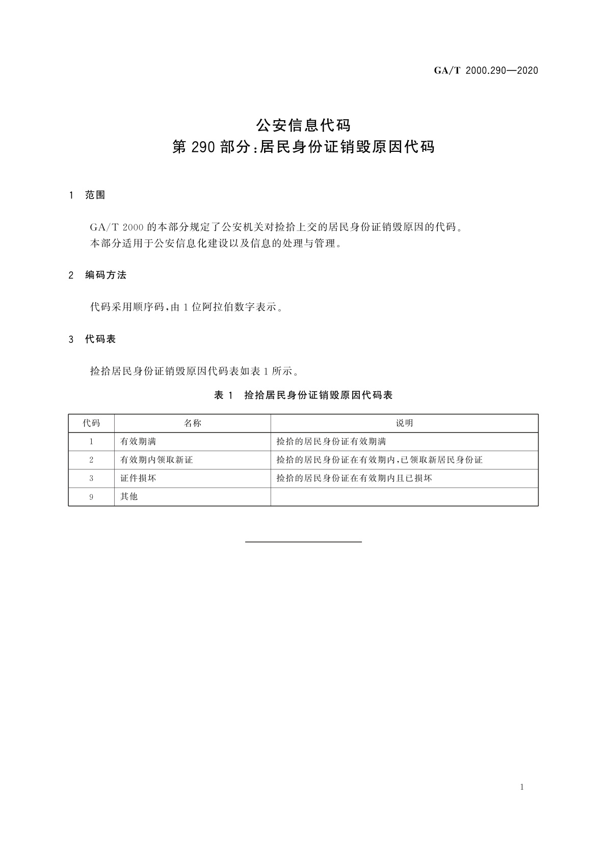 GA/T 2000.290-2020 公安信息代码　第290部分：居民身份证销毁原因代码