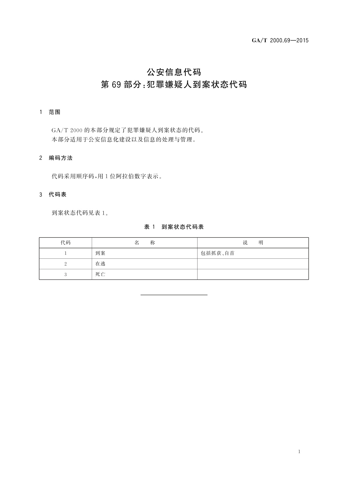 GA/T 2000.69-2015 公安信息代码　第69部分：犯罪嫌疑人到案状态代码