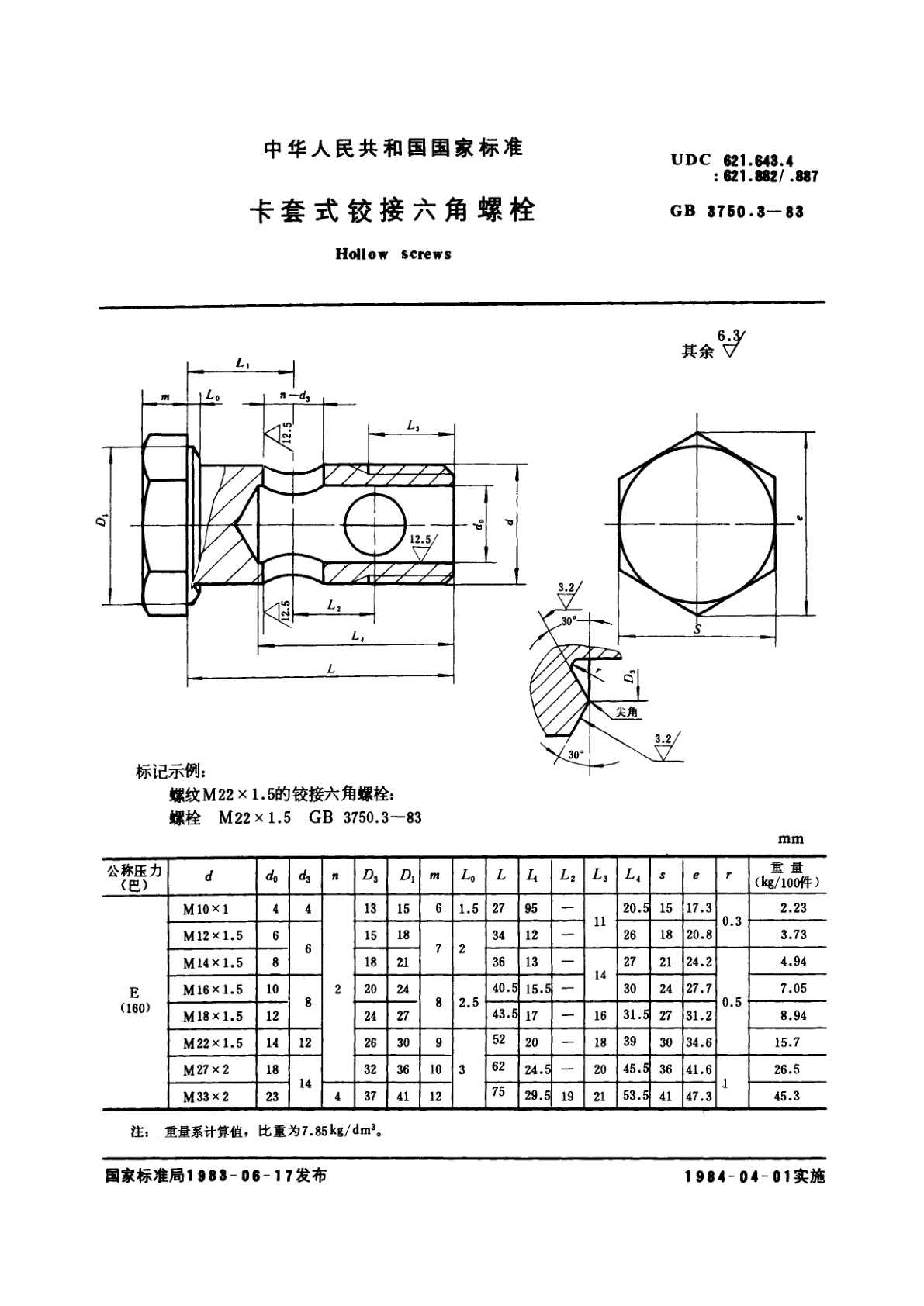 GB/T 3750.3-1983 卡套式铰接六角螺栓