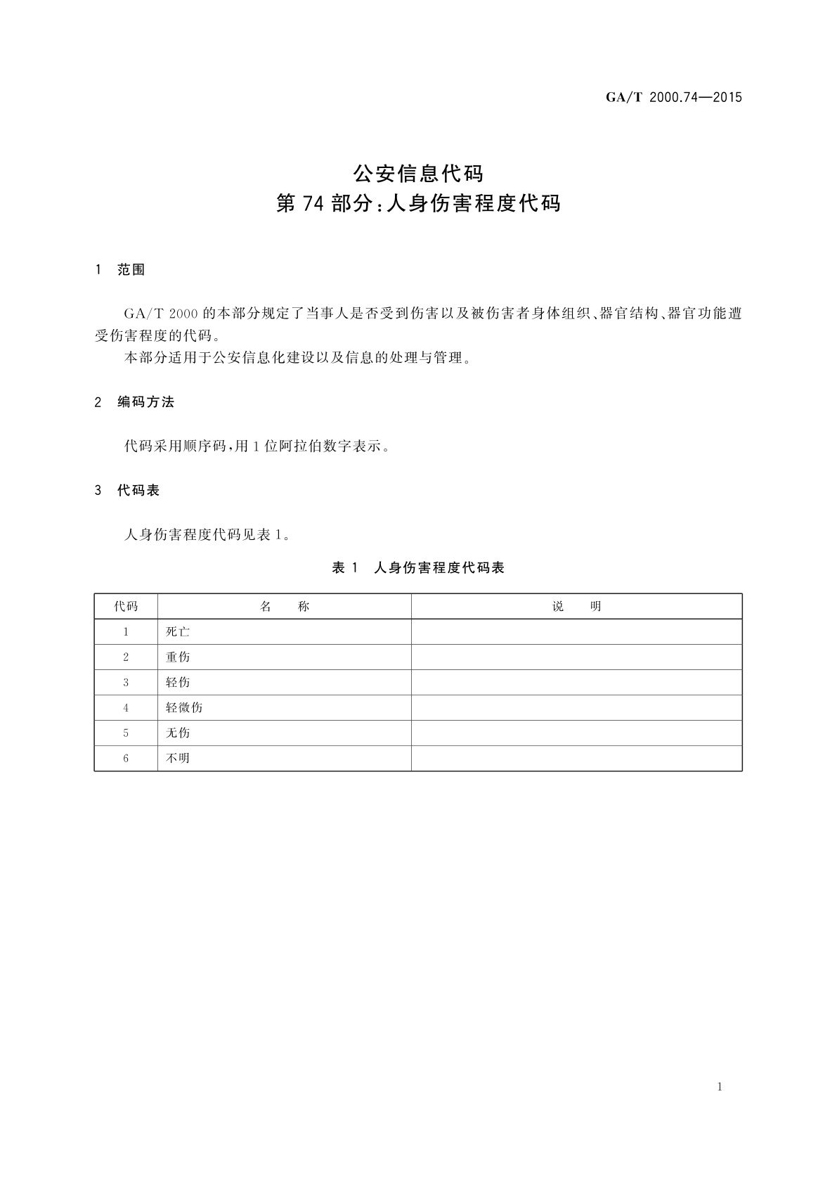 GA/T 2000.74-2015 公安信息代码　第74部分：人身伤害程度代码