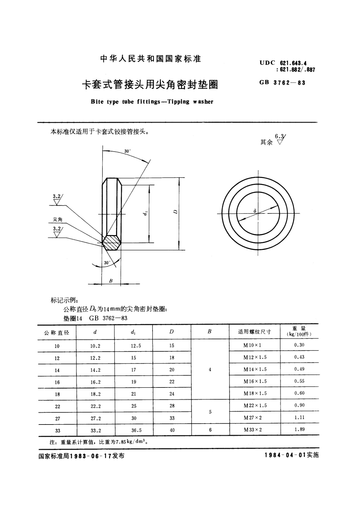 GB/T 3762-1983 卡套式管接头用尖角密封垫圈