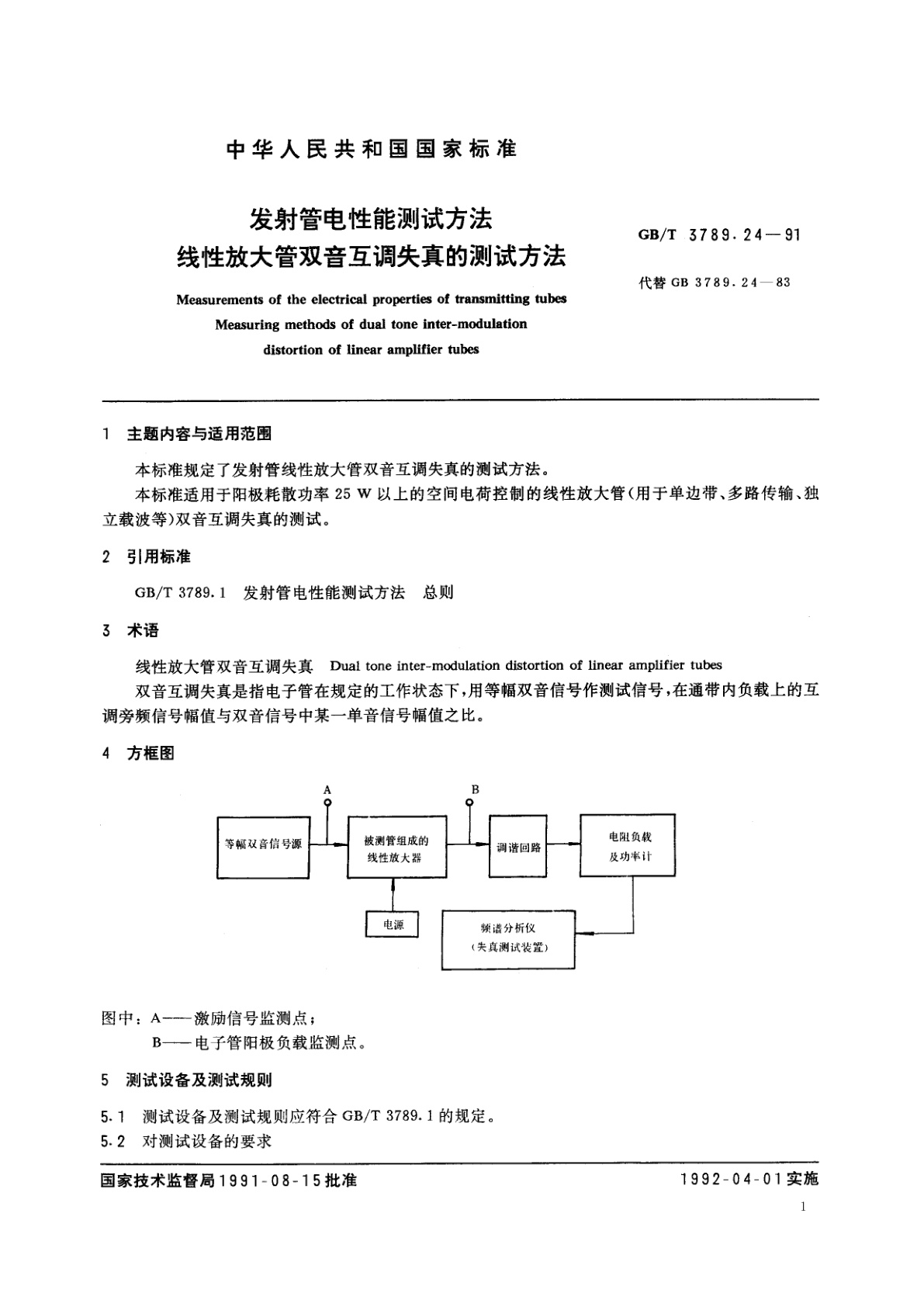 GB/T 3789.24-1991 发射管电性能测试方法　线性放大管双音互调失真的测试方法