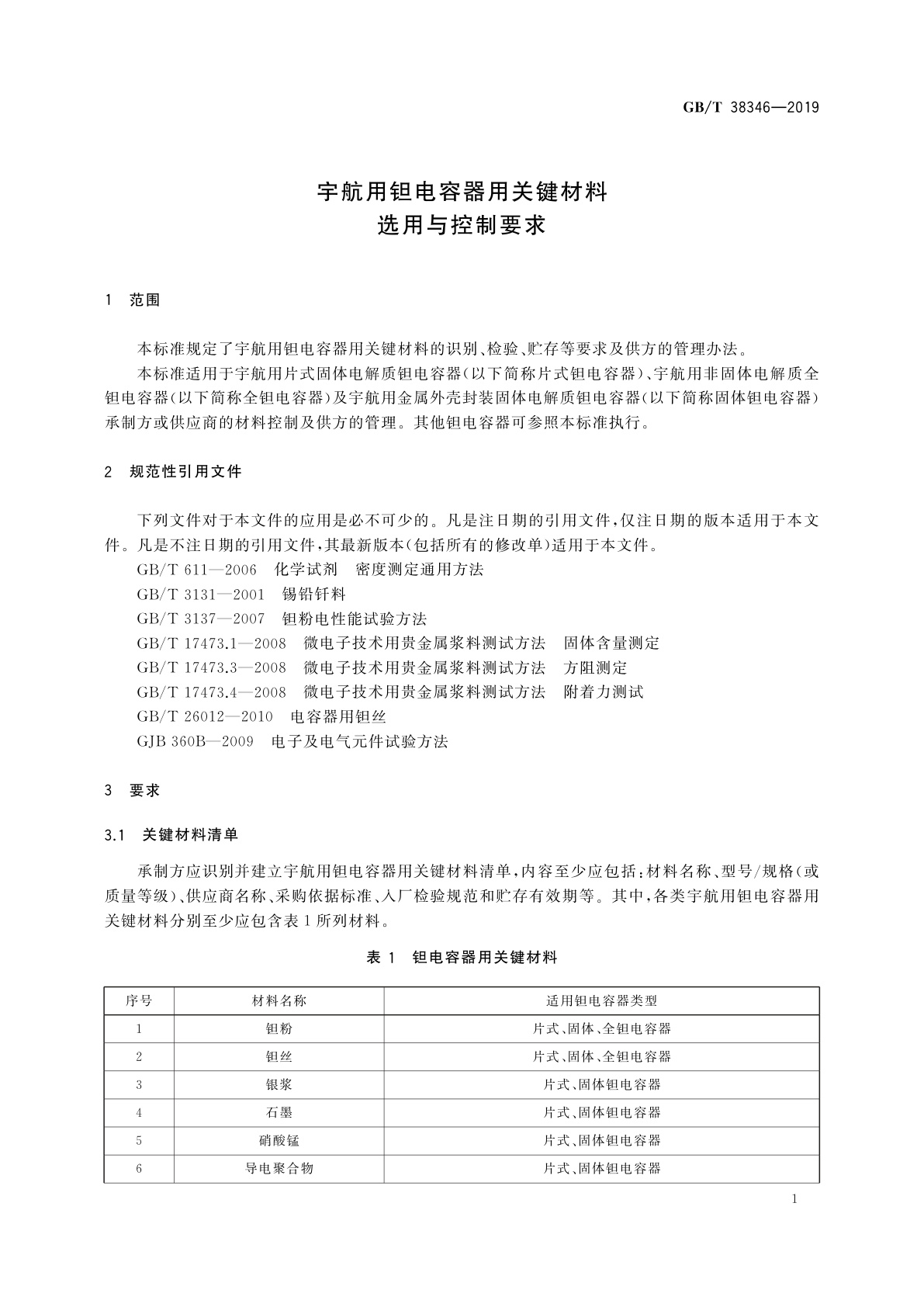 GB/T 38346-2019 宇航用钽电容器用关键材料选用与控制要求