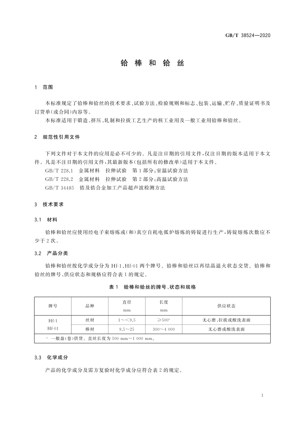 GB/T 38524-2020 铪棒和铪丝