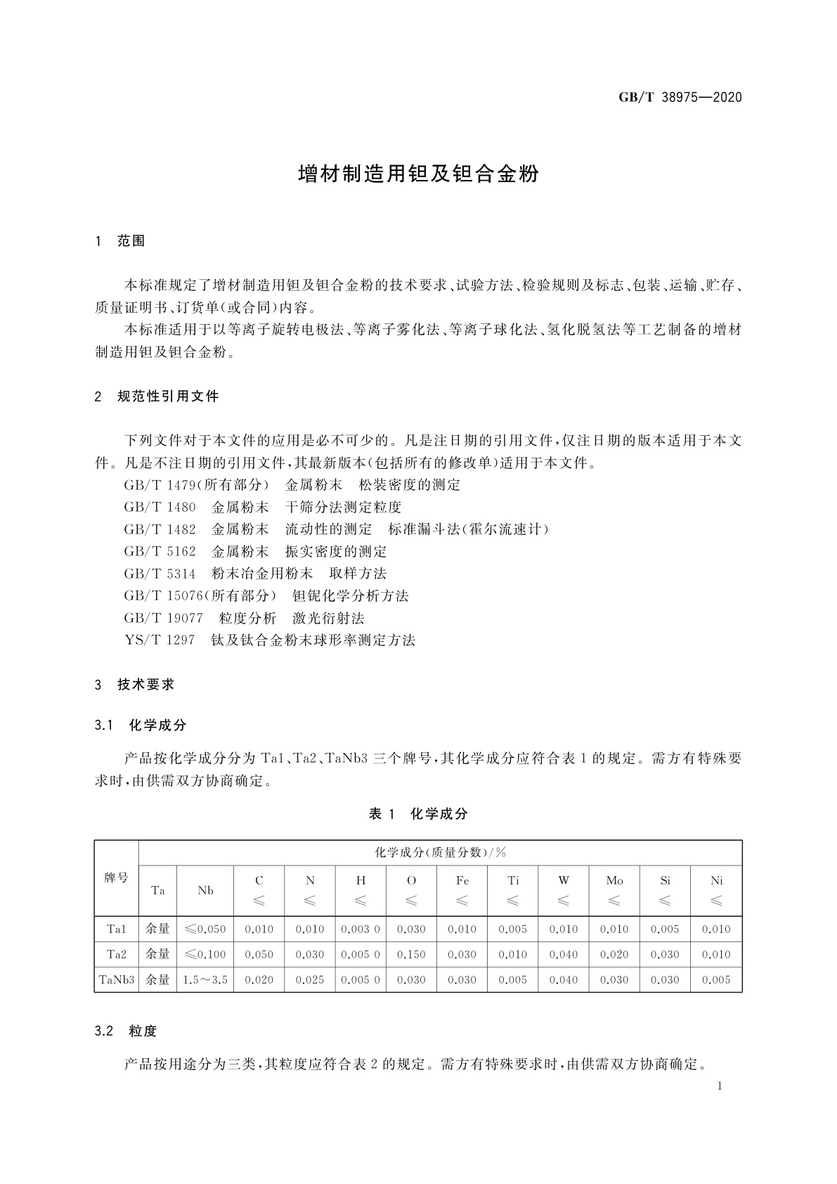 GB/T 38975-2020 增材制造用钽及钽合金粉