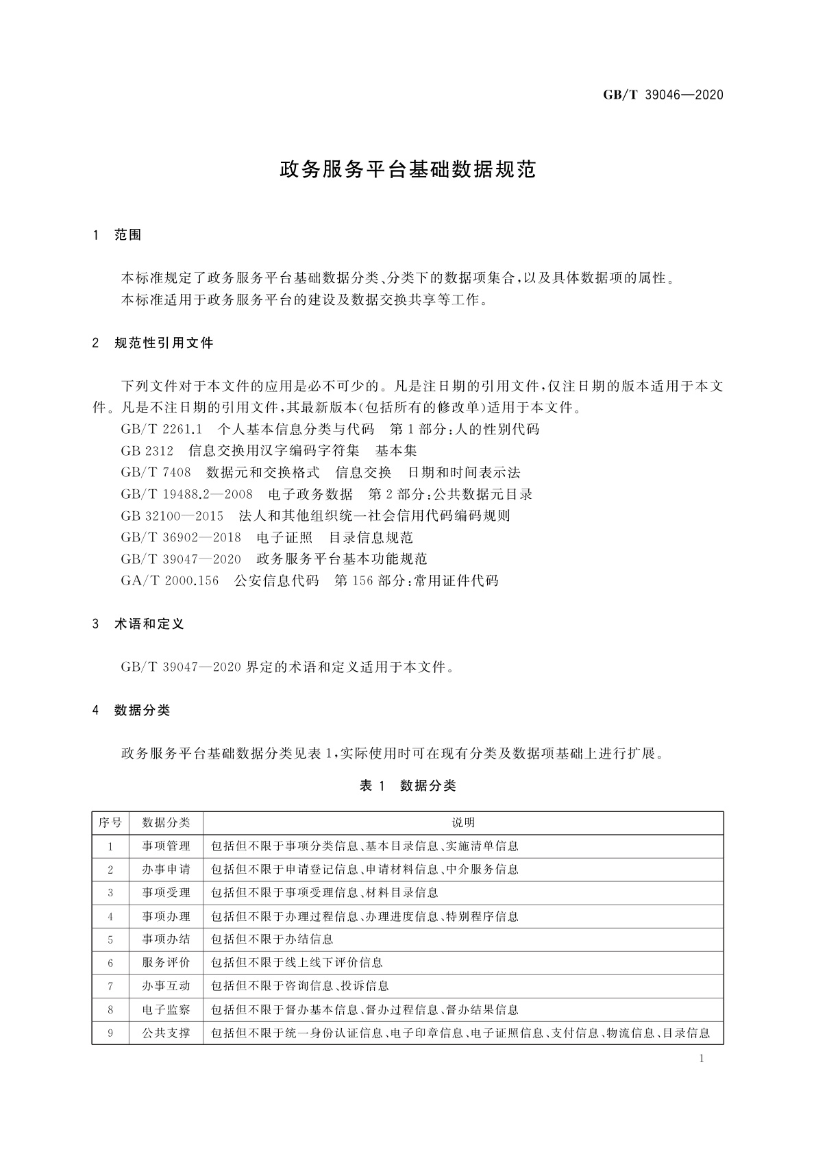 GB/T 39046-2020 政务服务平台基础数据规范