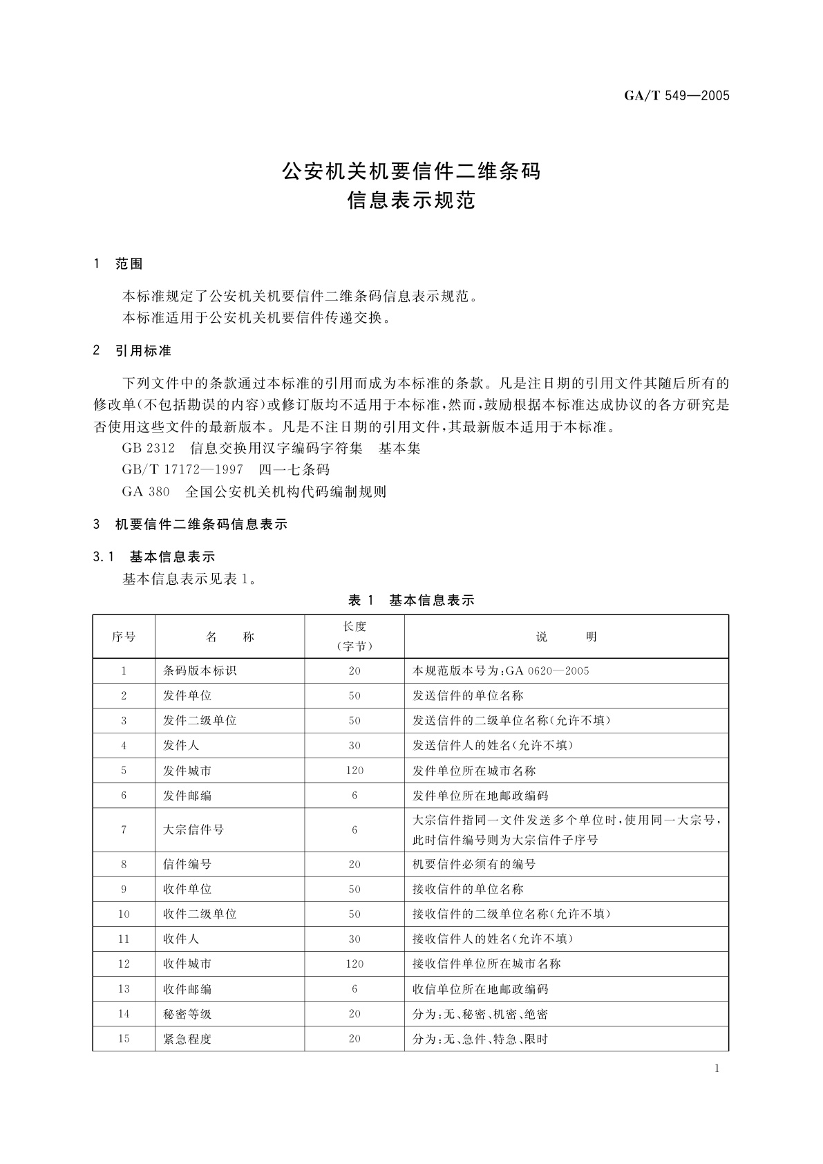 GA/T 549-2005 公安机关机要信件二维条码信息表示规范