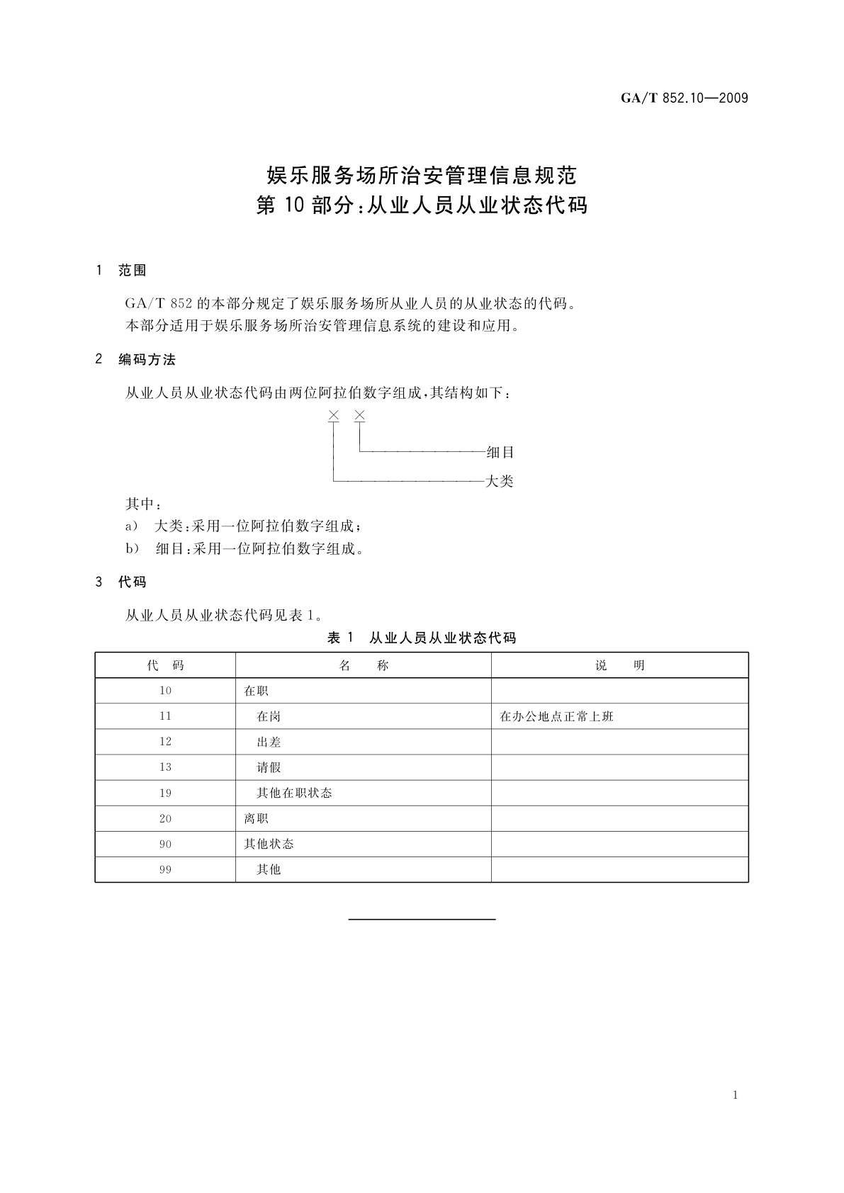 GA/T 852.10-2009 娱乐服务场所治安管理信息规范　第10部分：从业人员从业状态代码