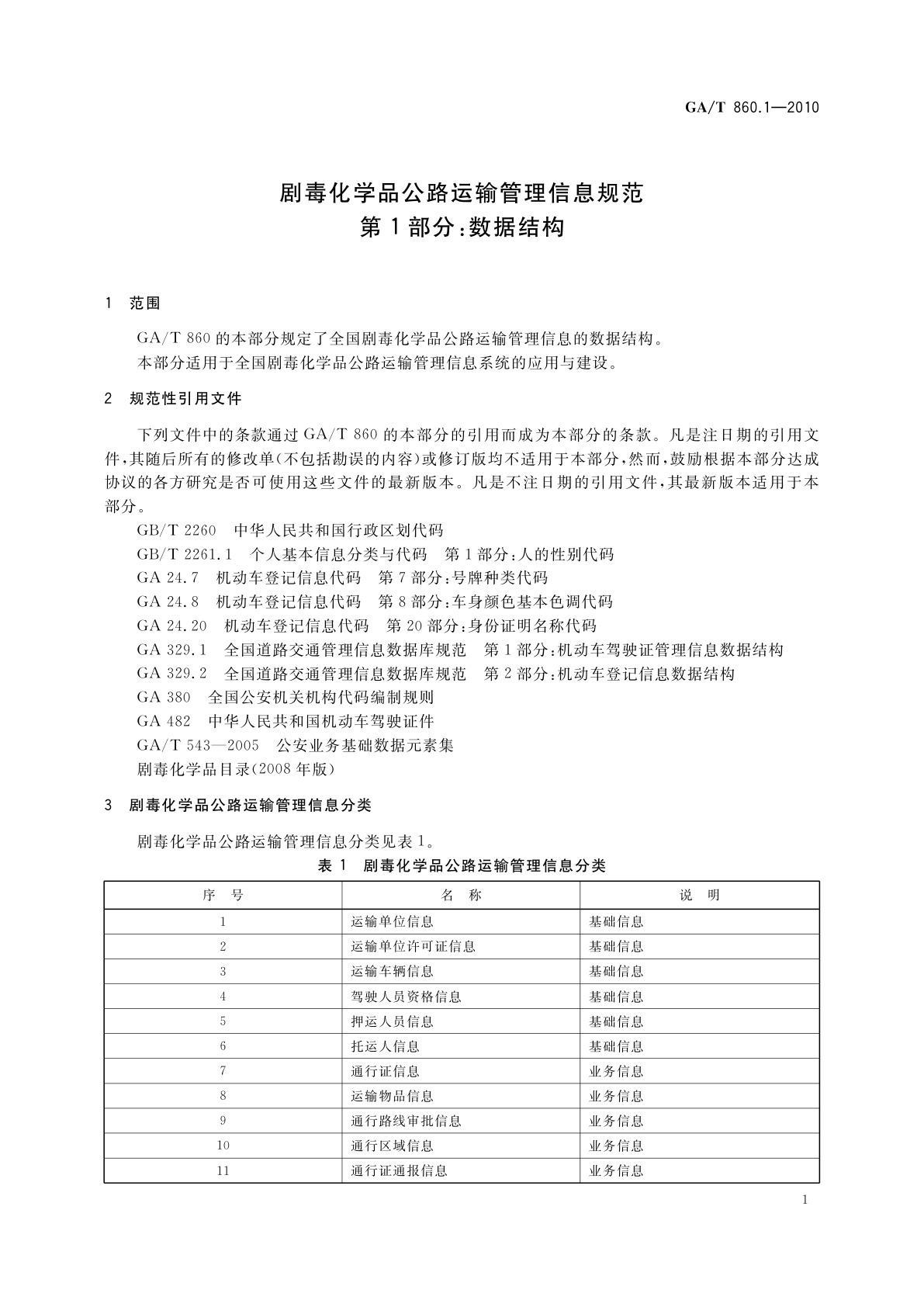GA/T 860.1-2010 剧毒化学品公路运输管理信息规范　第1部分：数据结构