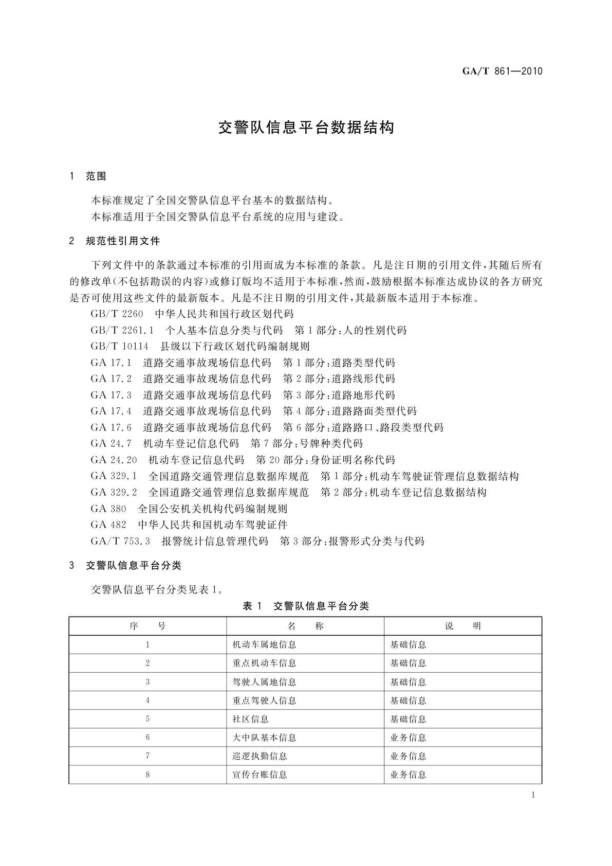 GA/T 861-2010 交警队信息平台数据结构