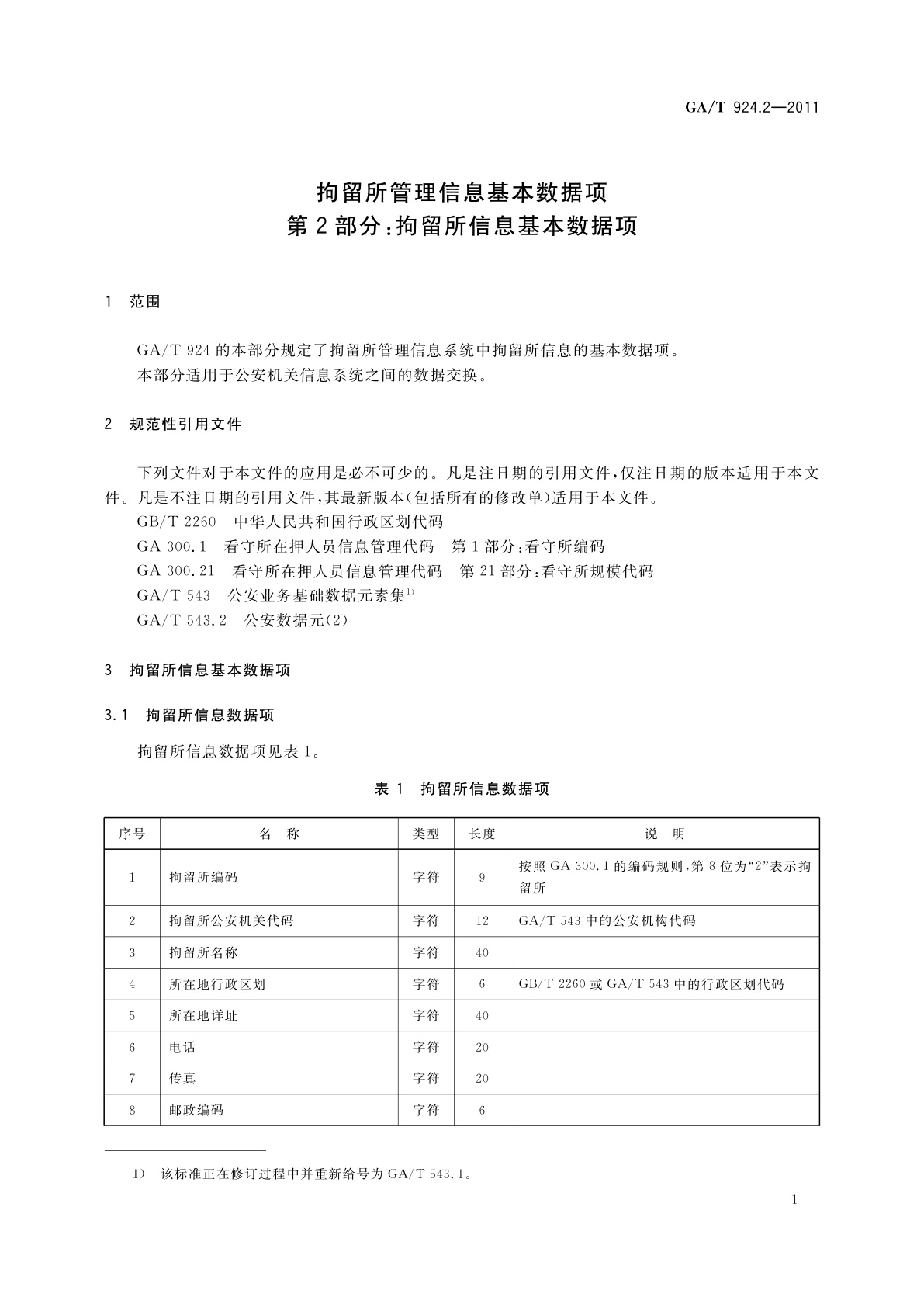 GA/T 924.2-2011 拘留所管理信息基本数据项　第2部分：拘留所信息基本数据项