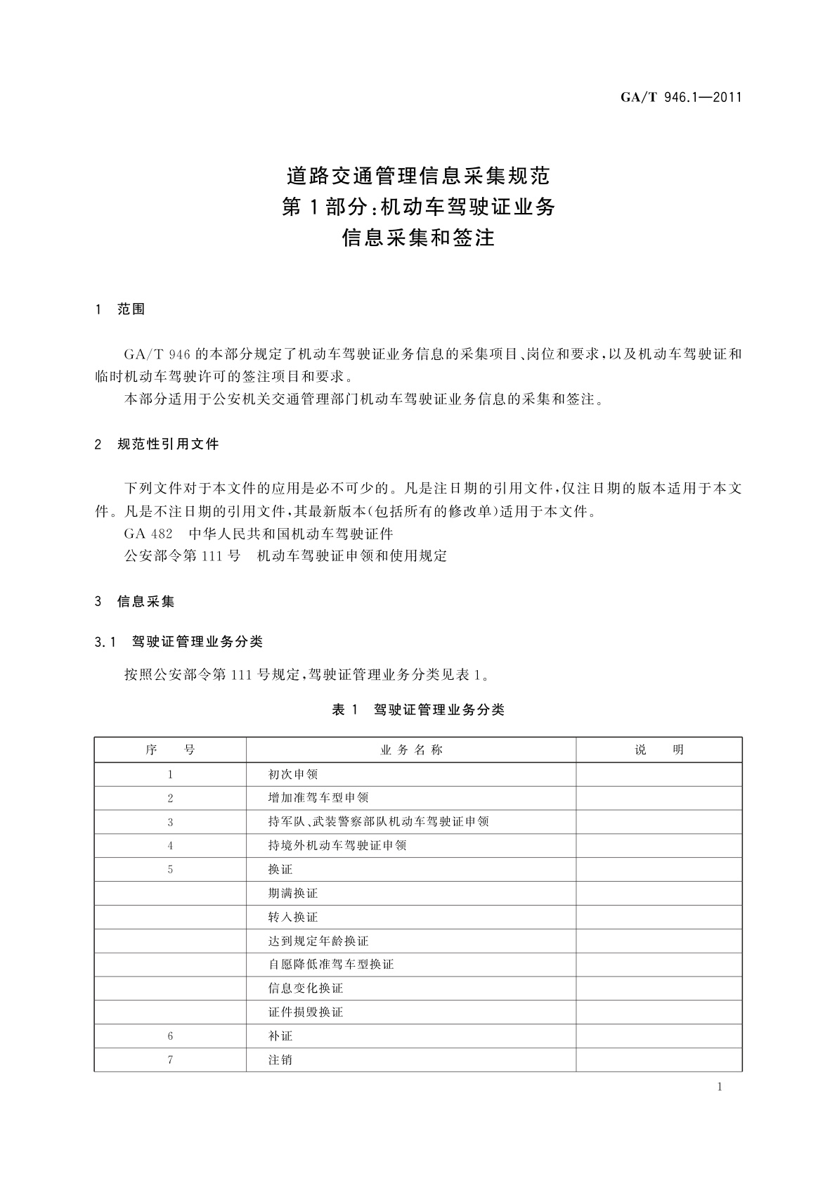 GA/T 946.1-2011 道路交通管理信息采集规范　第1部分：机动车驾驶证业务信息采集和签注