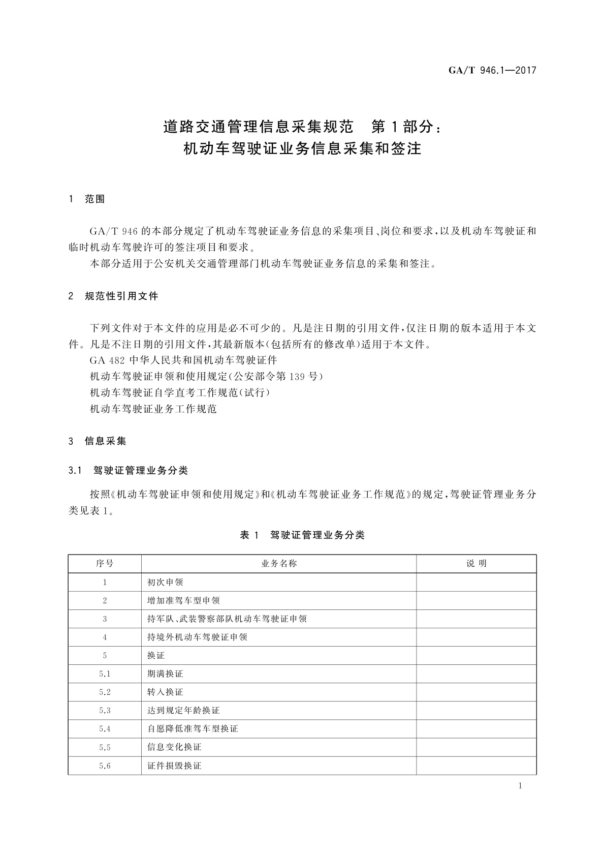 GA/T 946.1-2017 道路交通管理信息采集规范　第1部分：机动车驾驶证业务信息采集和签注