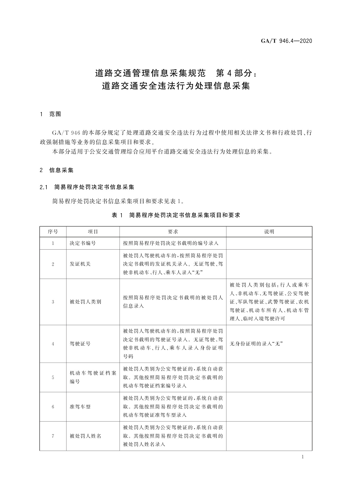 GA/T 946.4-2020 道路交通管理信息采集规范　第4部分：道路交通安全违法行为处理信息采集