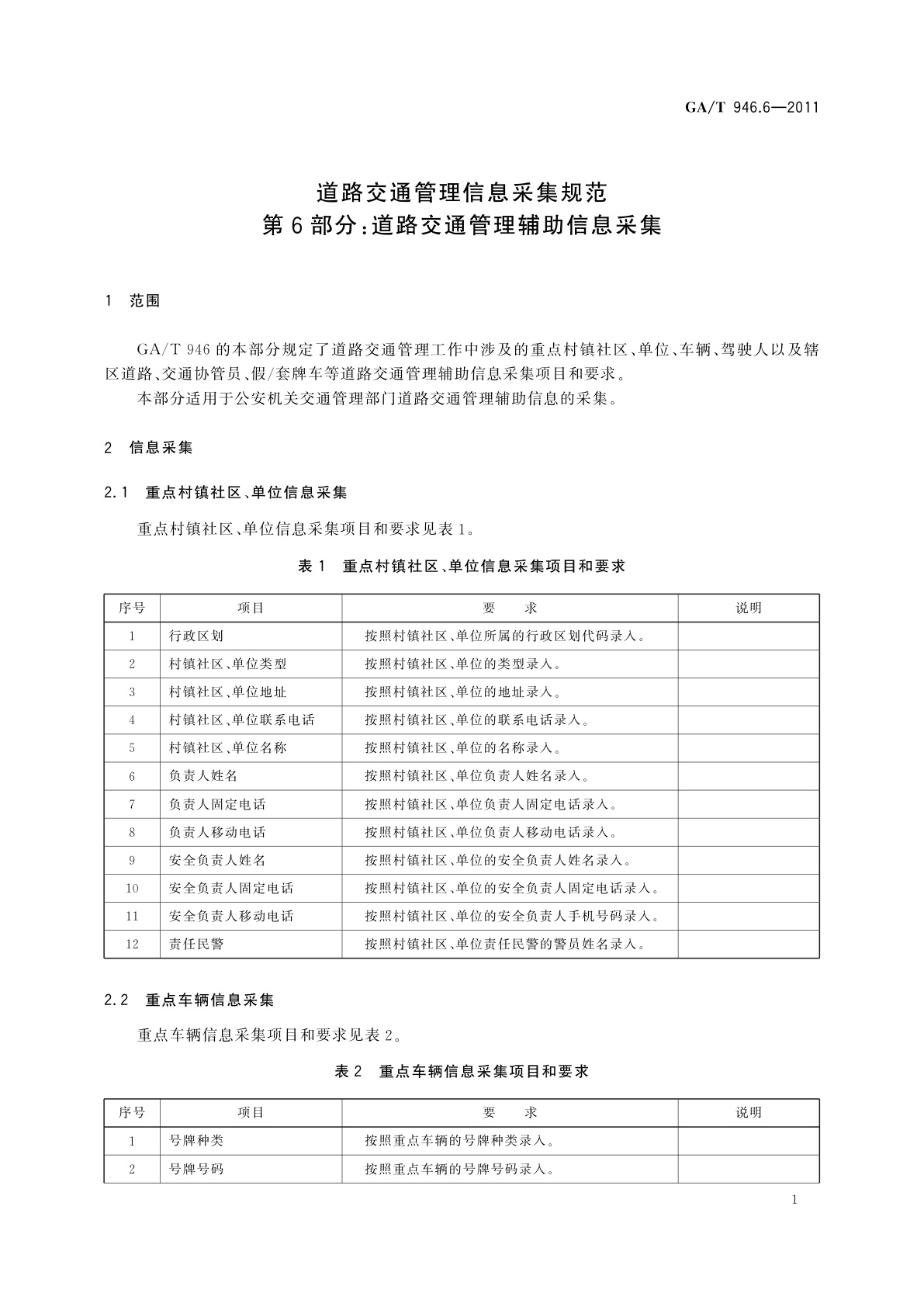 GA/T 946.6-2011 道路交通管理信息采集规范　第6部分：道路交通管理辅助信息采集