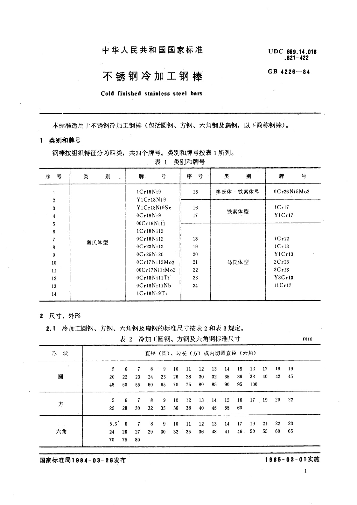 GB/T 4226-1984 不锈钢冷加工钢棒