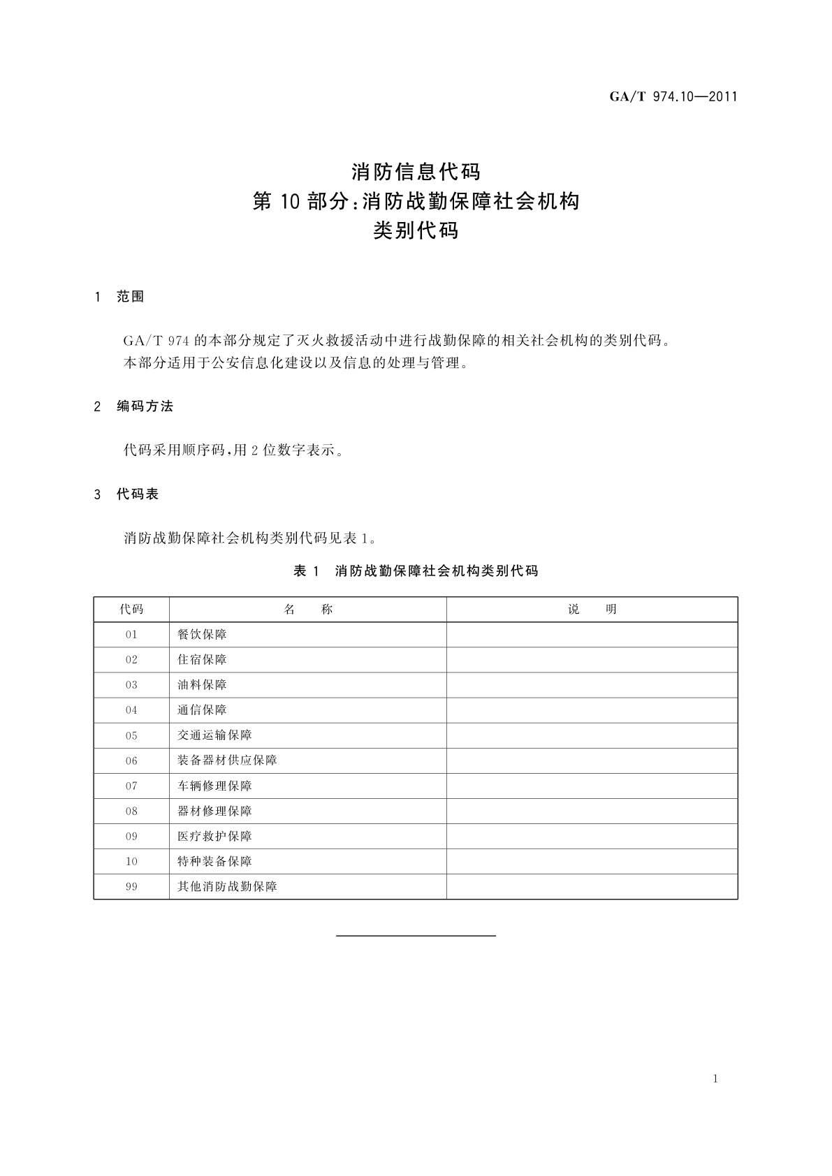 GA/T 974.10-2011 消防信息代码　第10部分：消防战勤保障社会机构　类别代码