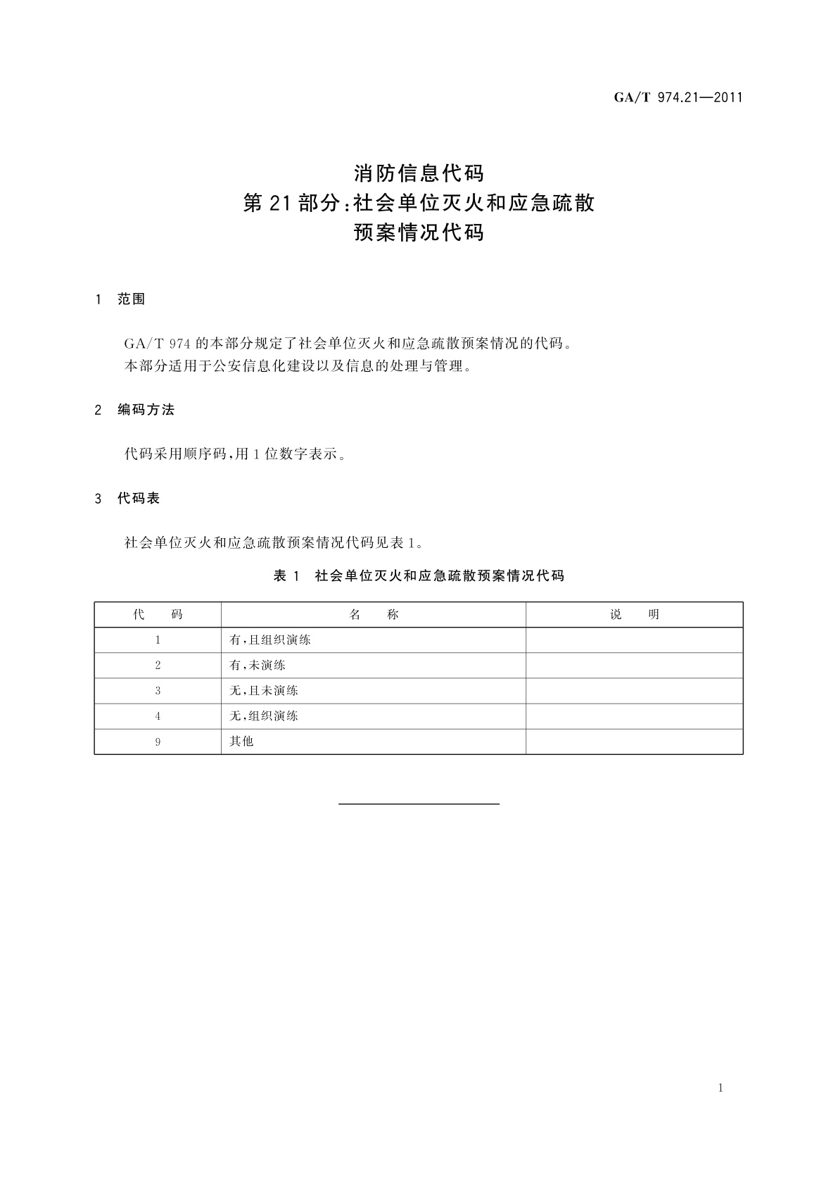 GA/T 974.21-2011 消防信息代码　第21部分：社会单位灭火和应急疏散预案情况代码