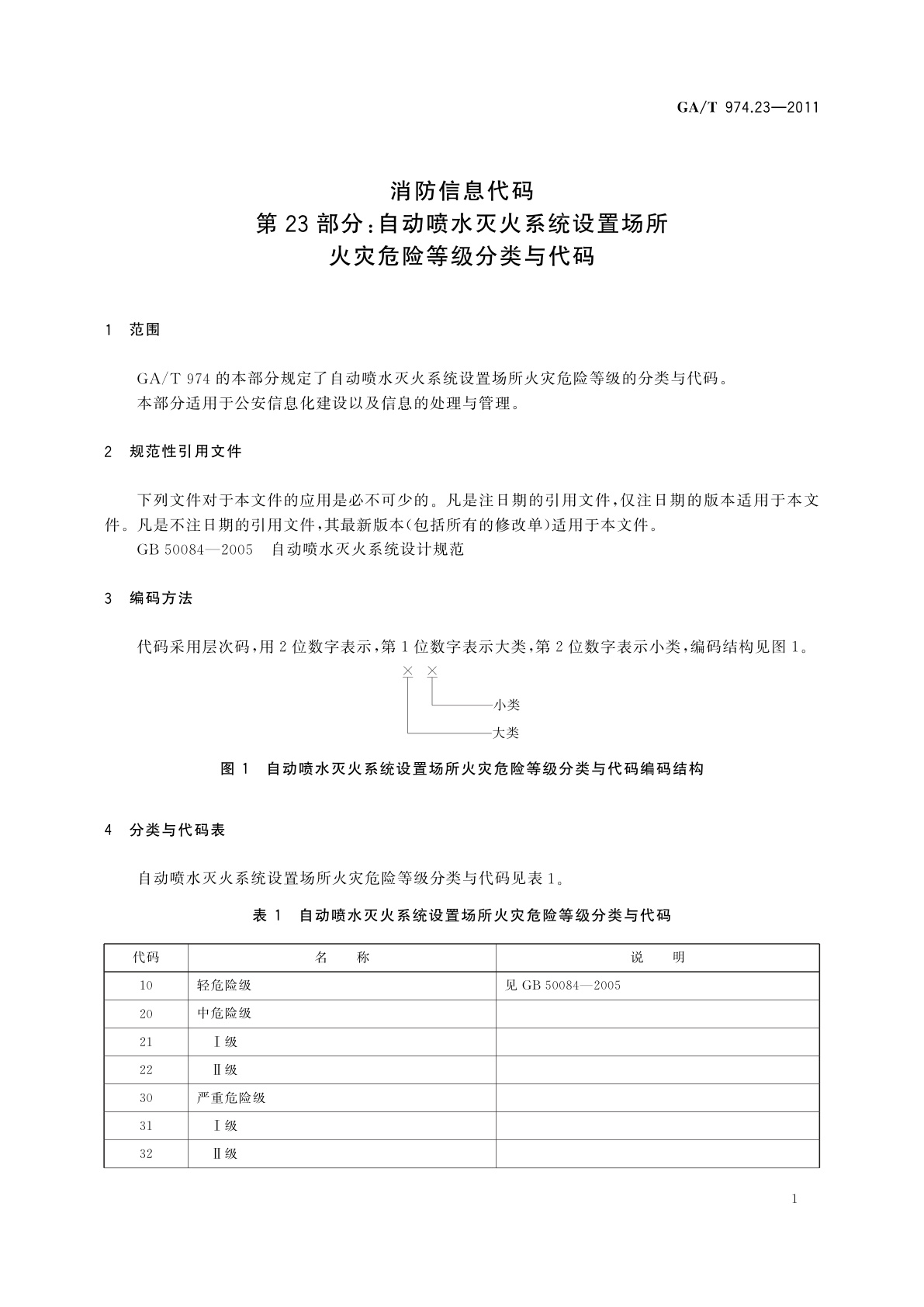 GA/T 974.23-2011 消防信息代码　第23部分：自动喷水灭火系统设置场所火灾危险等级分类与代码