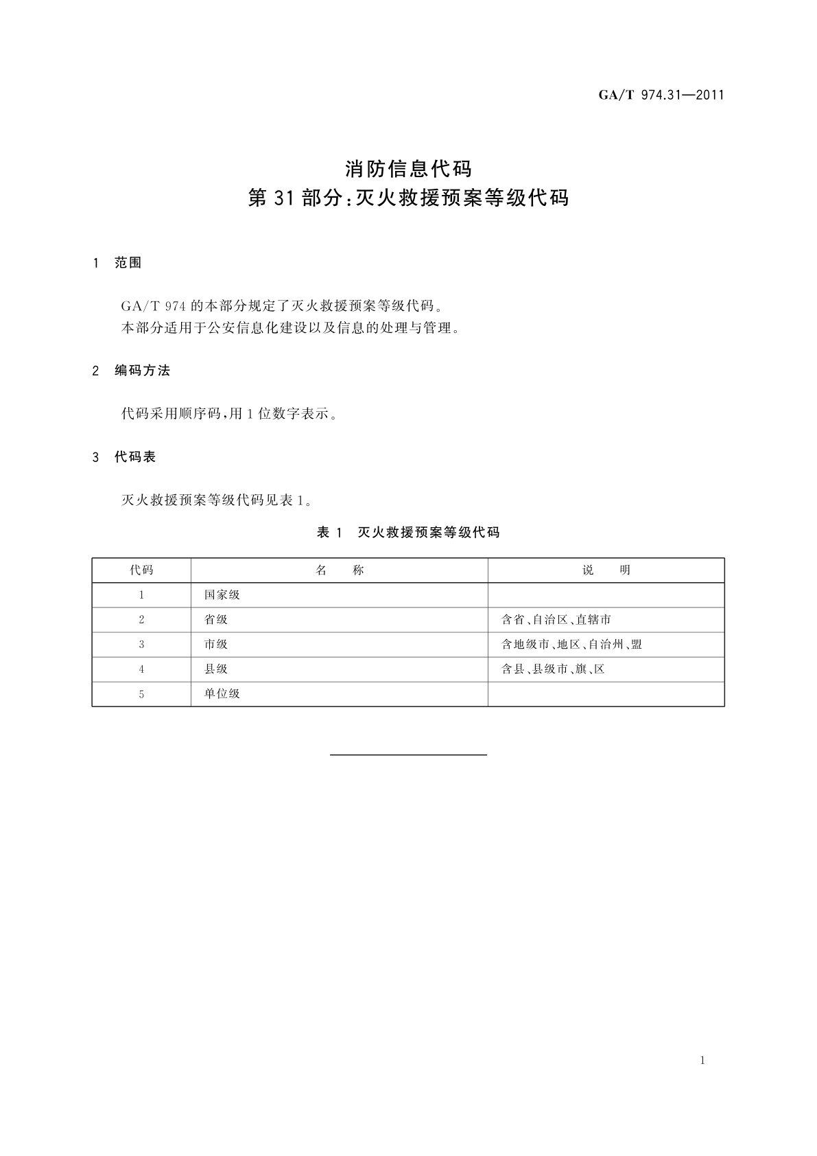 GA/T 974.31-2011 消防信息代码　第31部分：灭火救援预案等级代码