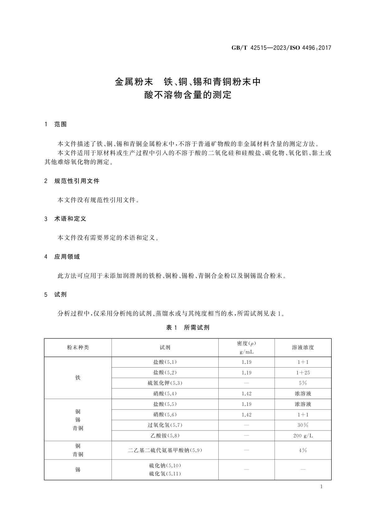 GB/T 42515-2023 金属粉末　铁、铜、锡和青铜粉末中酸不溶物含量的测定