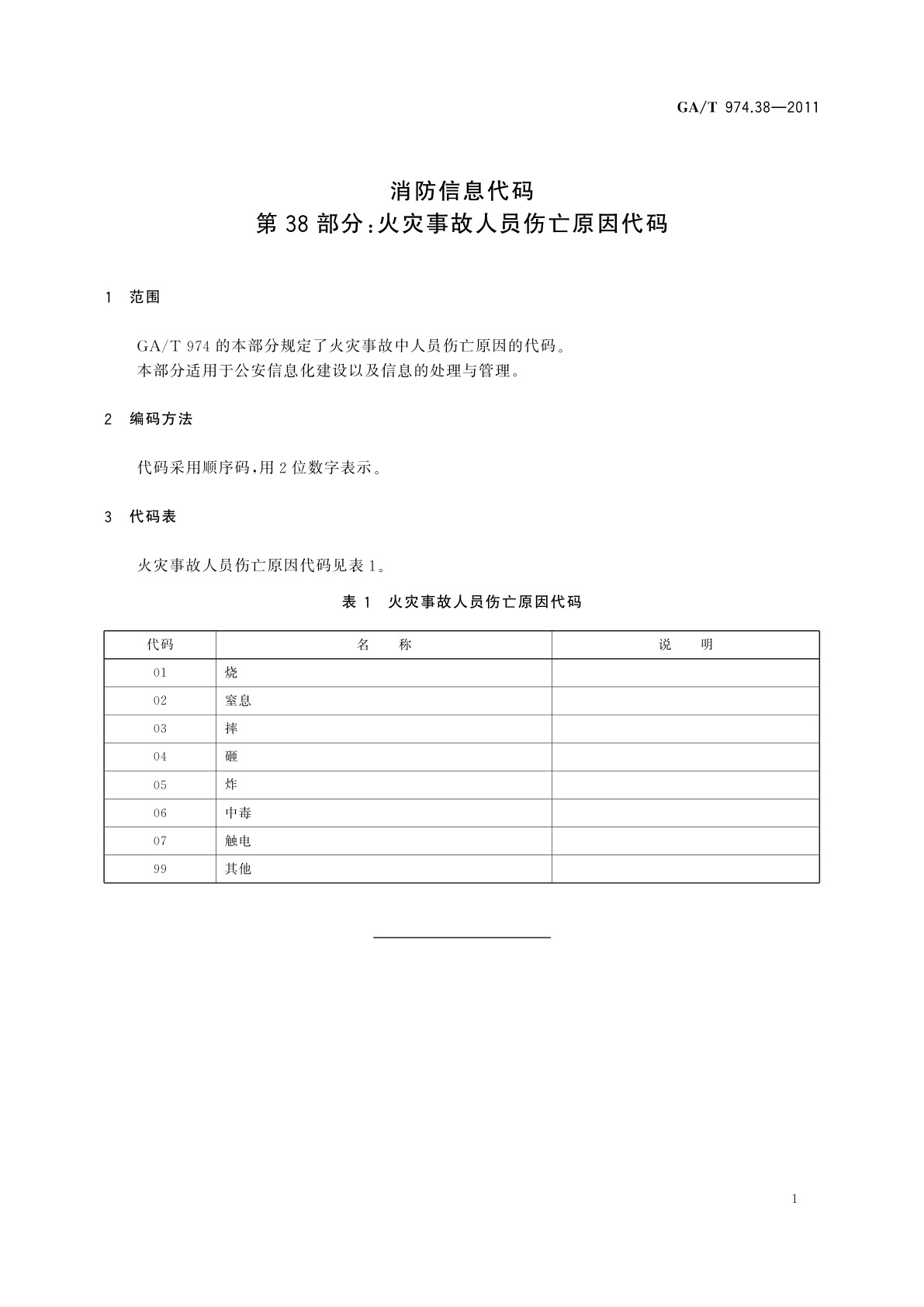 GA/T 974.38-2011 消防信息代码　第38部分：火灾事故人员伤亡原因代码