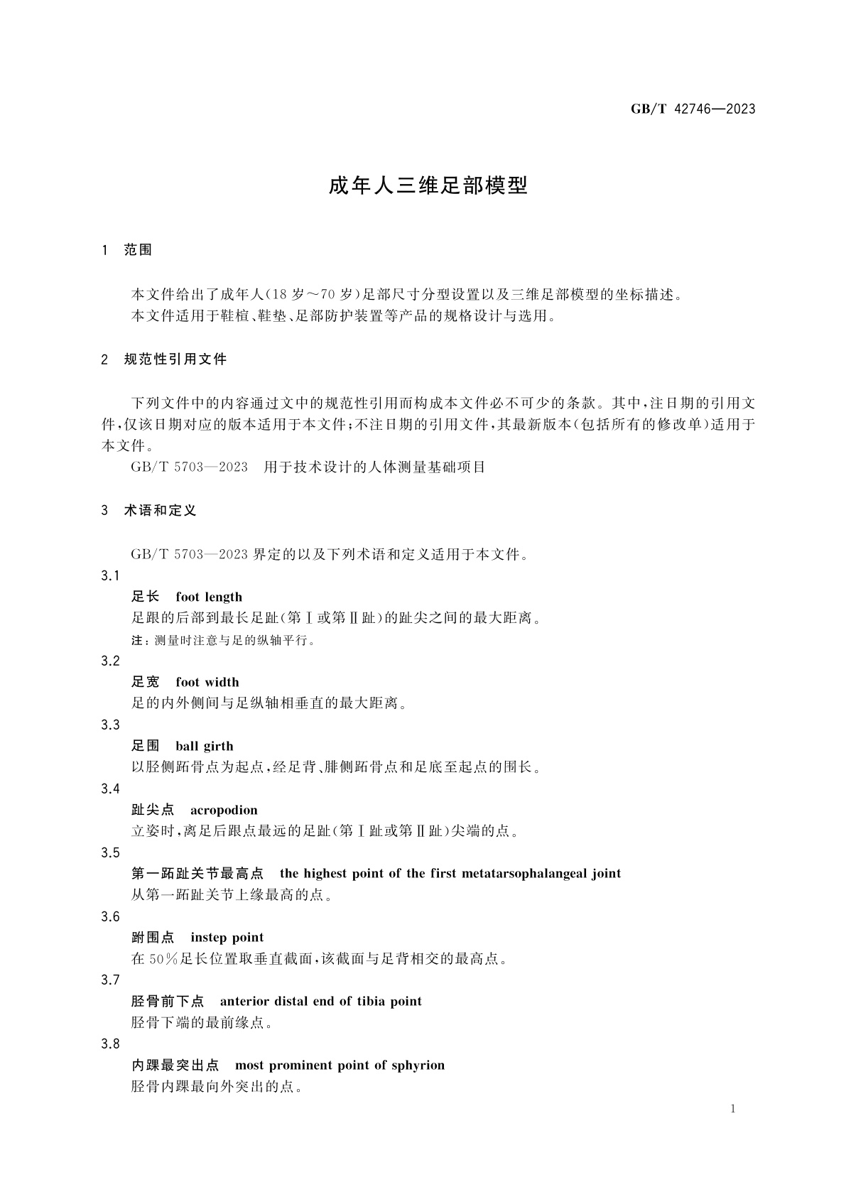 GB/T 42746-2023 成年人三维足部模型