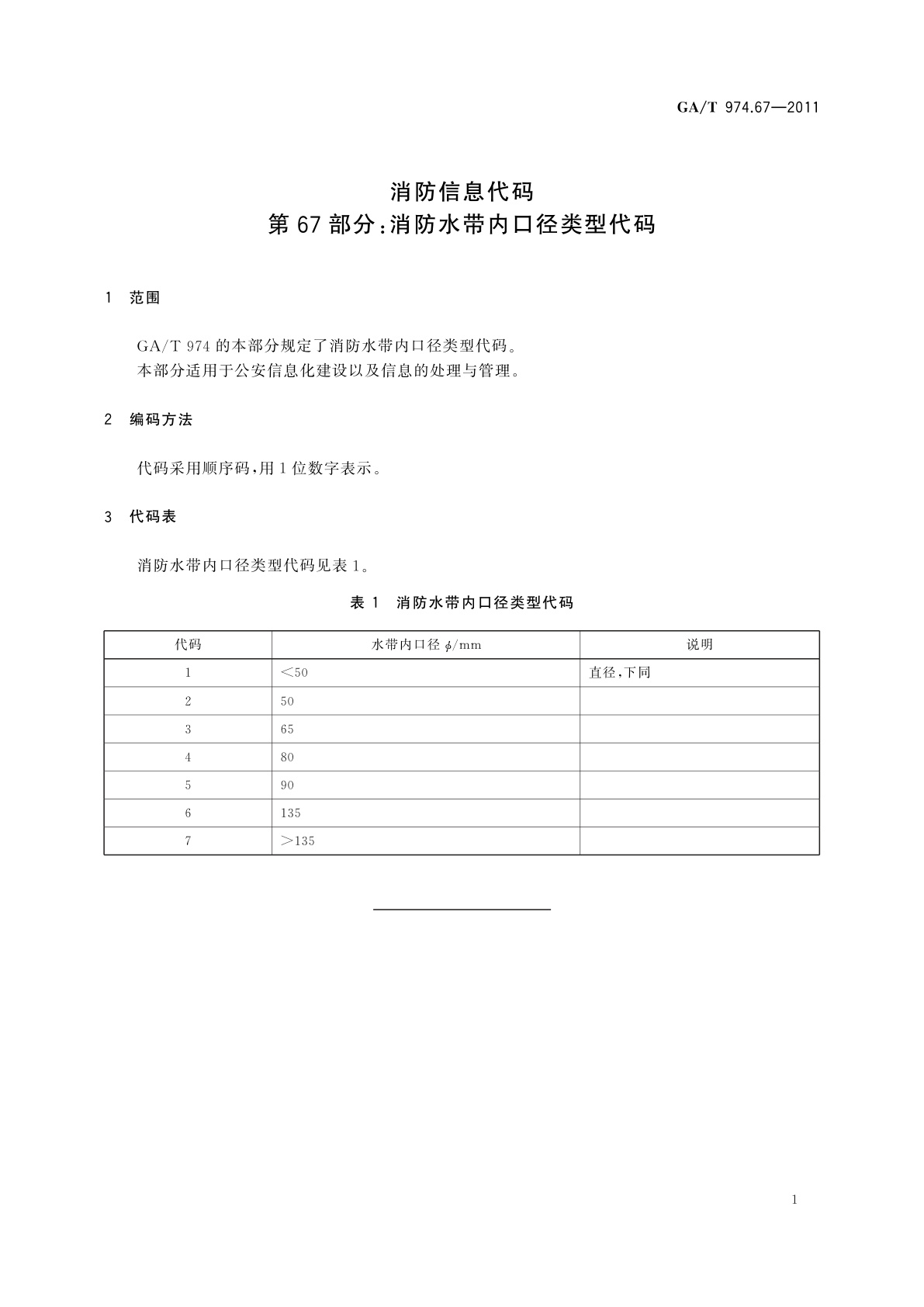 GA/T 974.67-2011 消防信息代码　第67部分：消防水带内口径类型代码