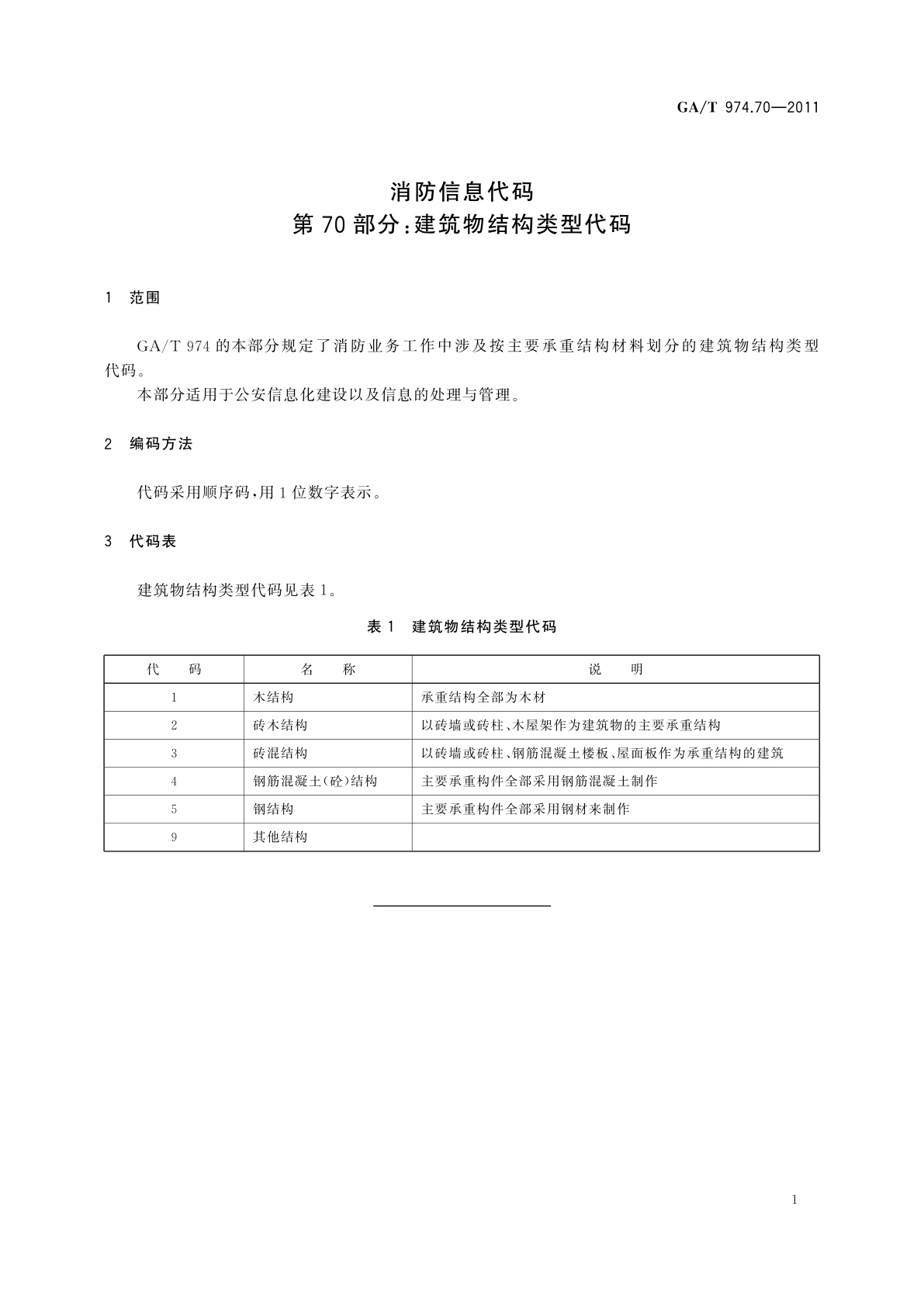 GA/T 974.70-2011 消防信息代码　第70部分：建筑物结构类型代码